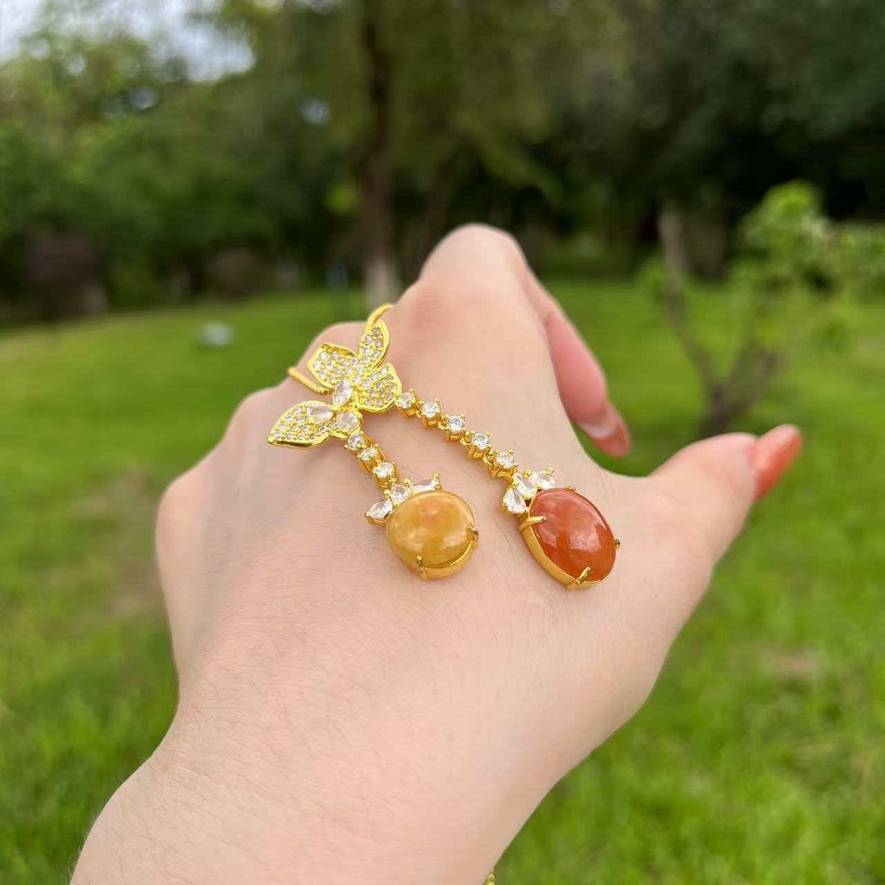 Certified Natural Jadeite Double Pendant Necklace | Red & Yellow Jade Butterfly Design | 18K Gold-Plated Elegant Jade Jewelry SL442/100