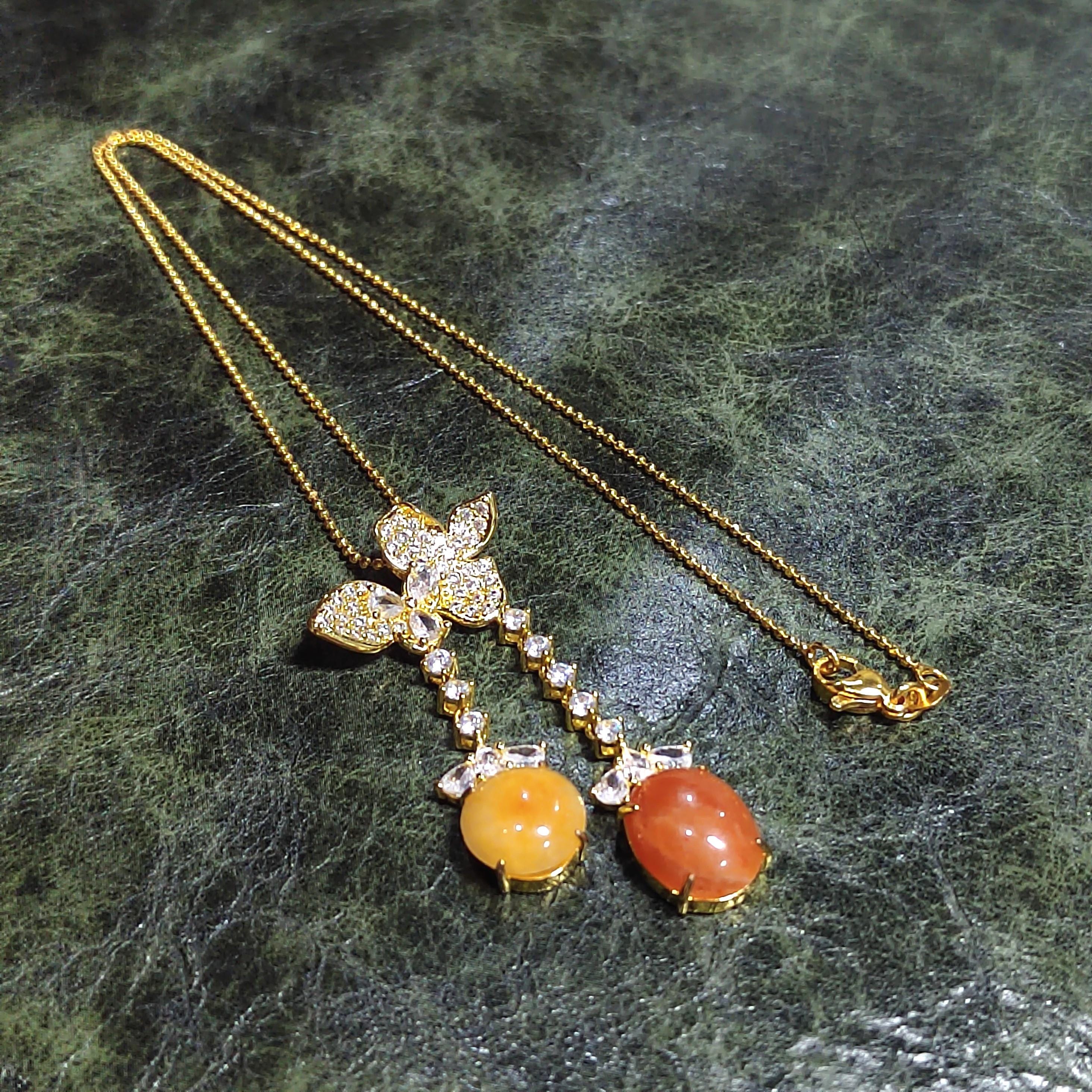 Certified Natural Jadeite Double Pendant Necklace | Red & Yellow Jade Butterfly Design | 18K Gold-Plated Elegant Jade Jewelry SL442/100
