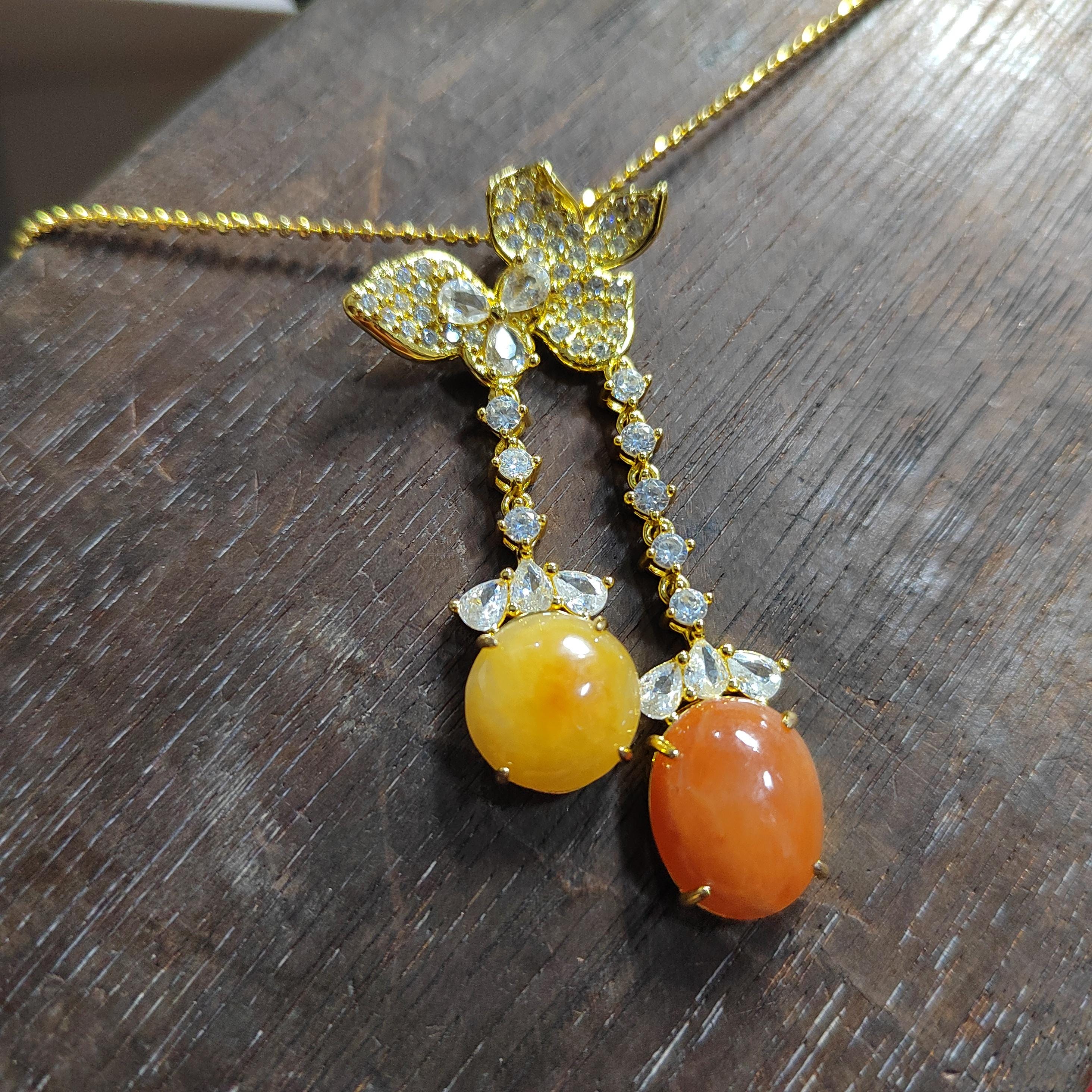Certified Natural Jadeite Double Pendant Necklace | Red & Yellow Jade Butterfly Design | 18K Gold-Plated Elegant Jade Jewelry SL442/100