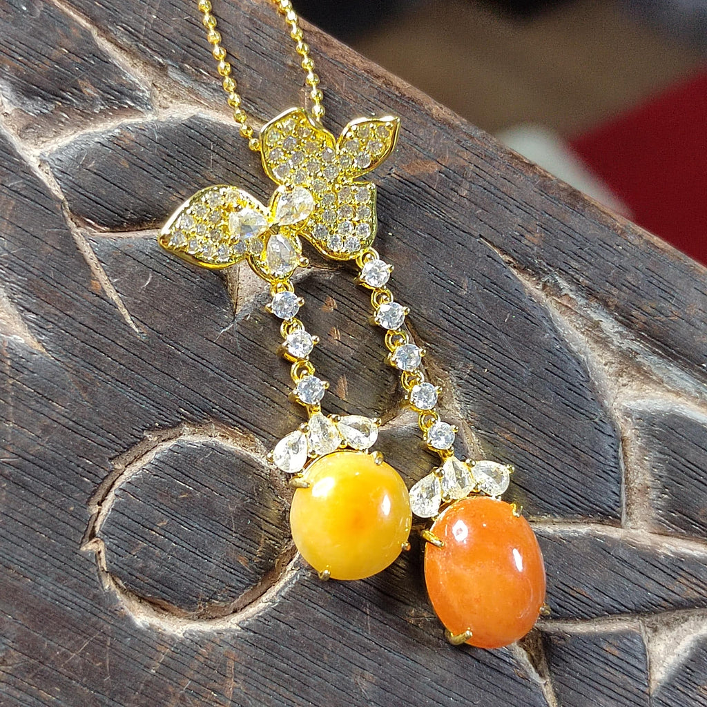 Certified Natural Jadeite Double Pendant Necklace | Red & Yellow Jade Butterfly Design | 18K Gold-Plated Elegant Jade Jewelry SL442/100
