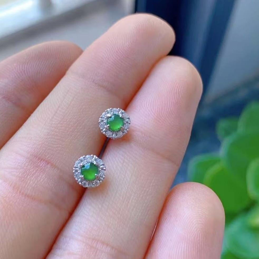 Certified Natural Guatemala Imperial Green Jadeite Earrings | 18K Gold Halo Studs with Zircon Accents SL450/100