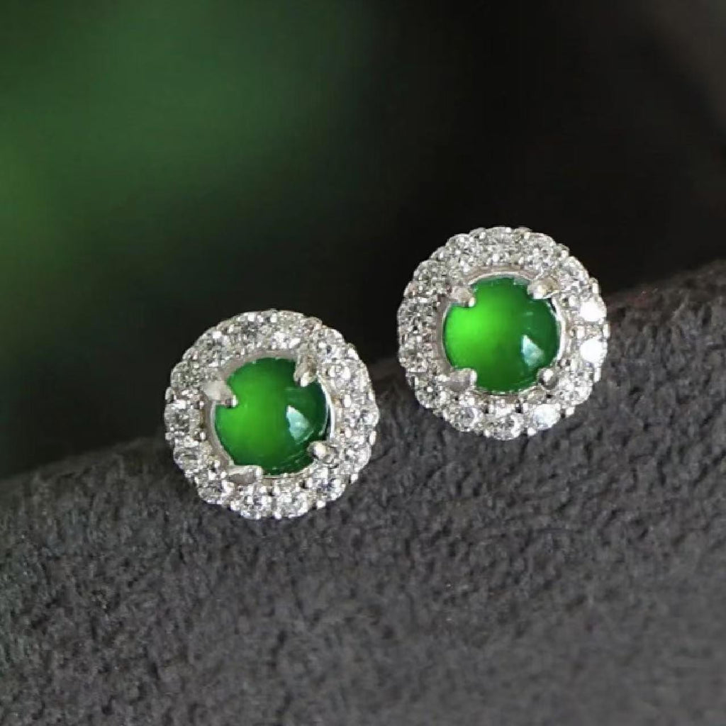 Certified Natural Guatemala Imperial Green Jadeite Earrings | 18K Gold Halo Studs with Zircon Accents SL450/100