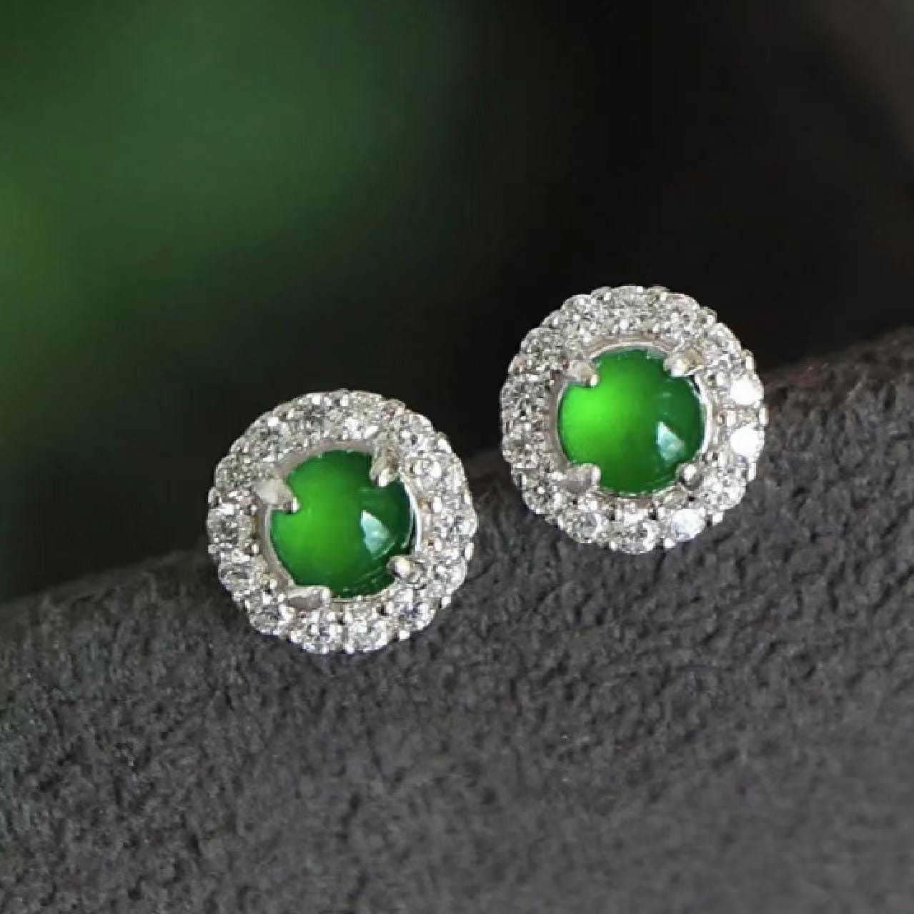 Certified Natural Guatemala Imperial Green Jadeite Earrings | 18K Gold Halo Studs with Zircon Accents SL450/100