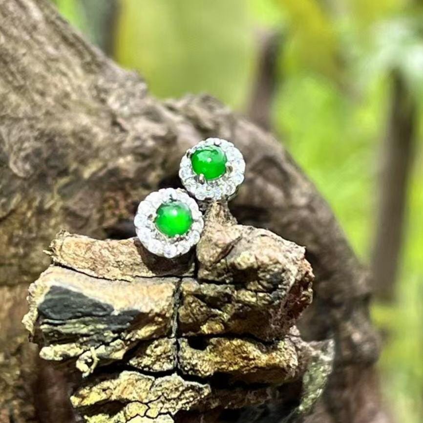 Certified Natural Guatemala Imperial Green Jadeite Earrings | 18K Gold Halo Studs with Zircon Accents SL450/100