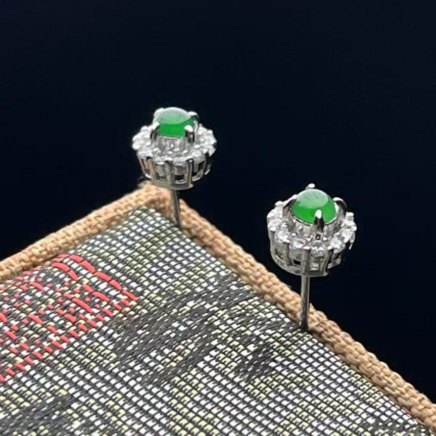 Certified Natural Guatemala Imperial Green Jadeite Earrings | 18K Gold Halo Studs with Zircon Accents SL450/100