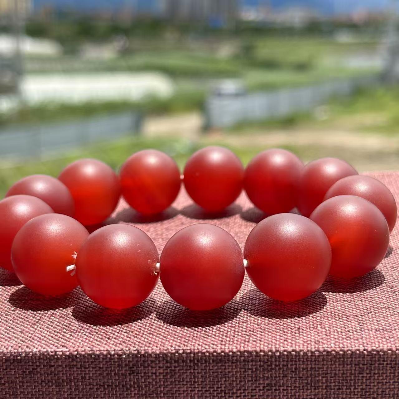 Certified Baoshan Nanhong Rose Red Agate Bracelet | 17.5–18 mm Beads Natural Semi-Translucent Finish | Elegant Collector Piece SL455/100