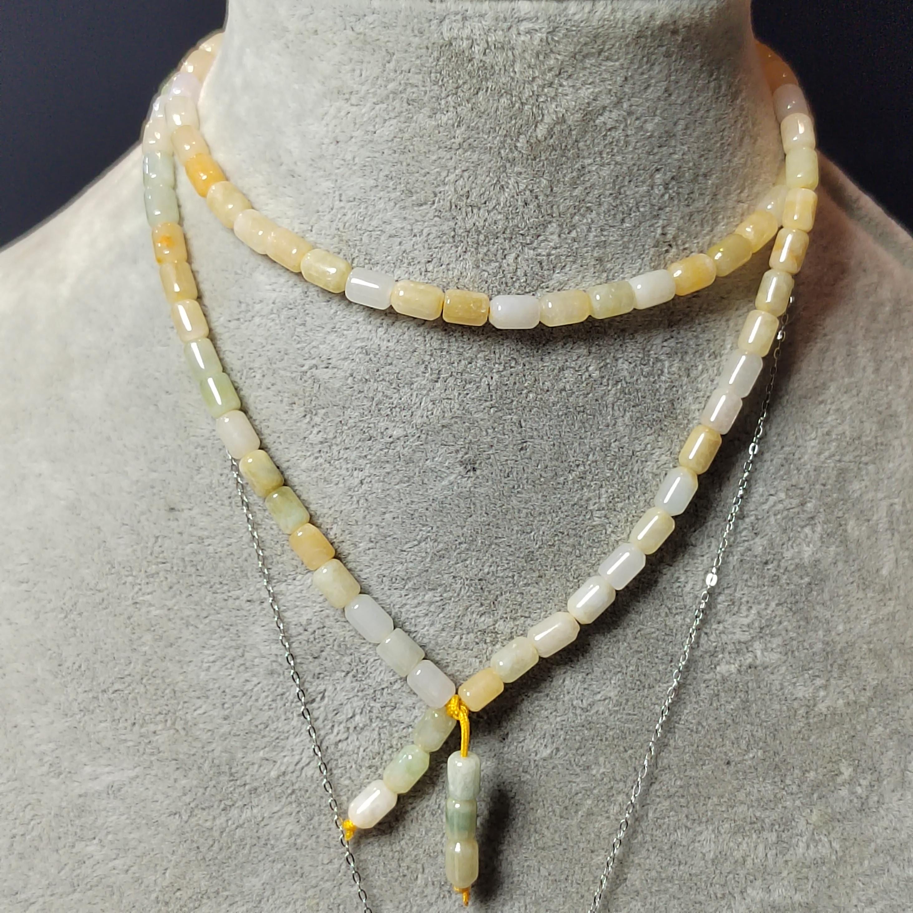 Certified Rare Burmese Icy Yellow-Green “Floating Flower” Jadeite Necklace | 60 cm | Barrel-Cut Beads | Natural Untreated Jadeite SL482