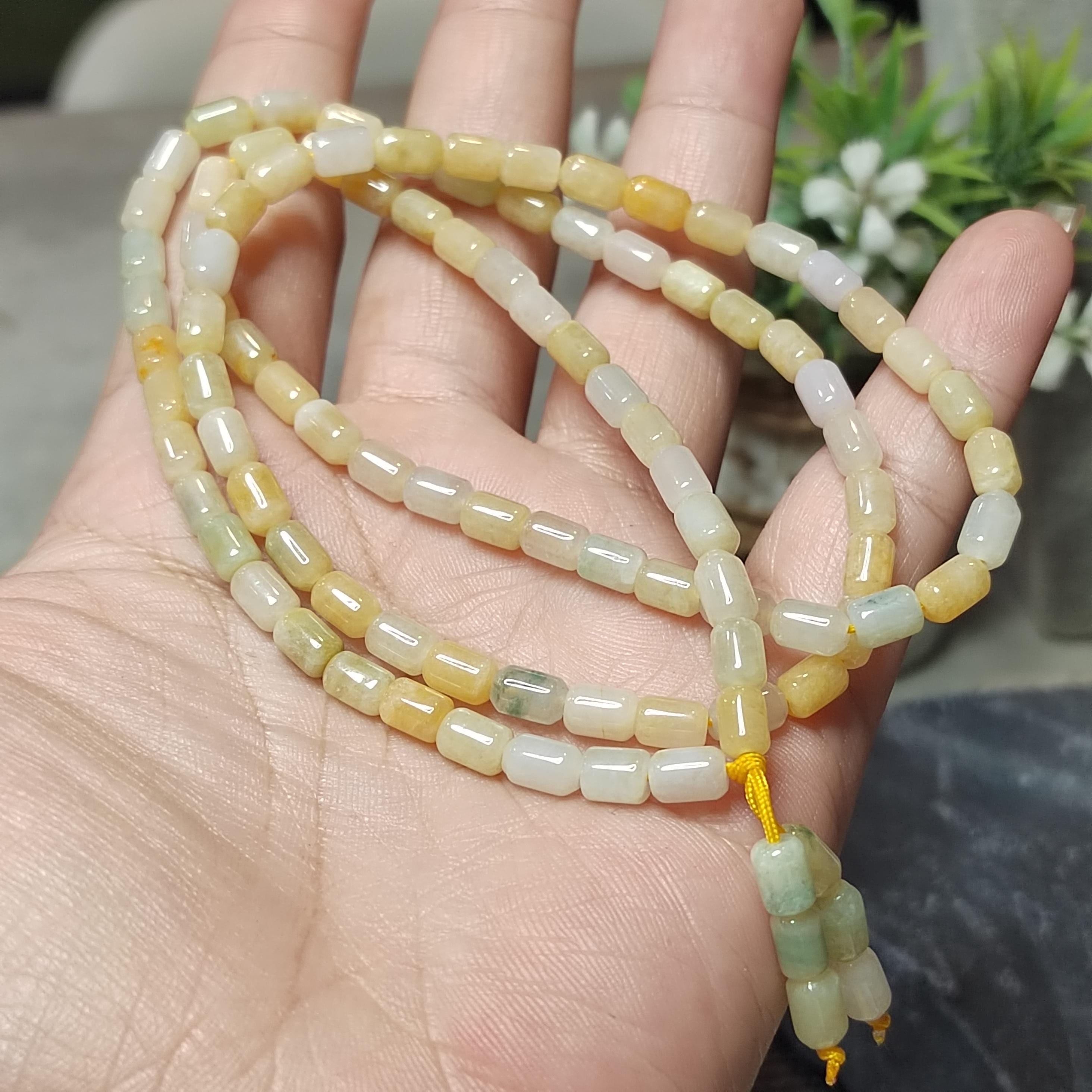 Certified Rare Burmese Icy Yellow-Green “Floating Flower” Jadeite Necklace | 60 cm | Barrel-Cut Beads | Natural Untreated Jadeite SL482
