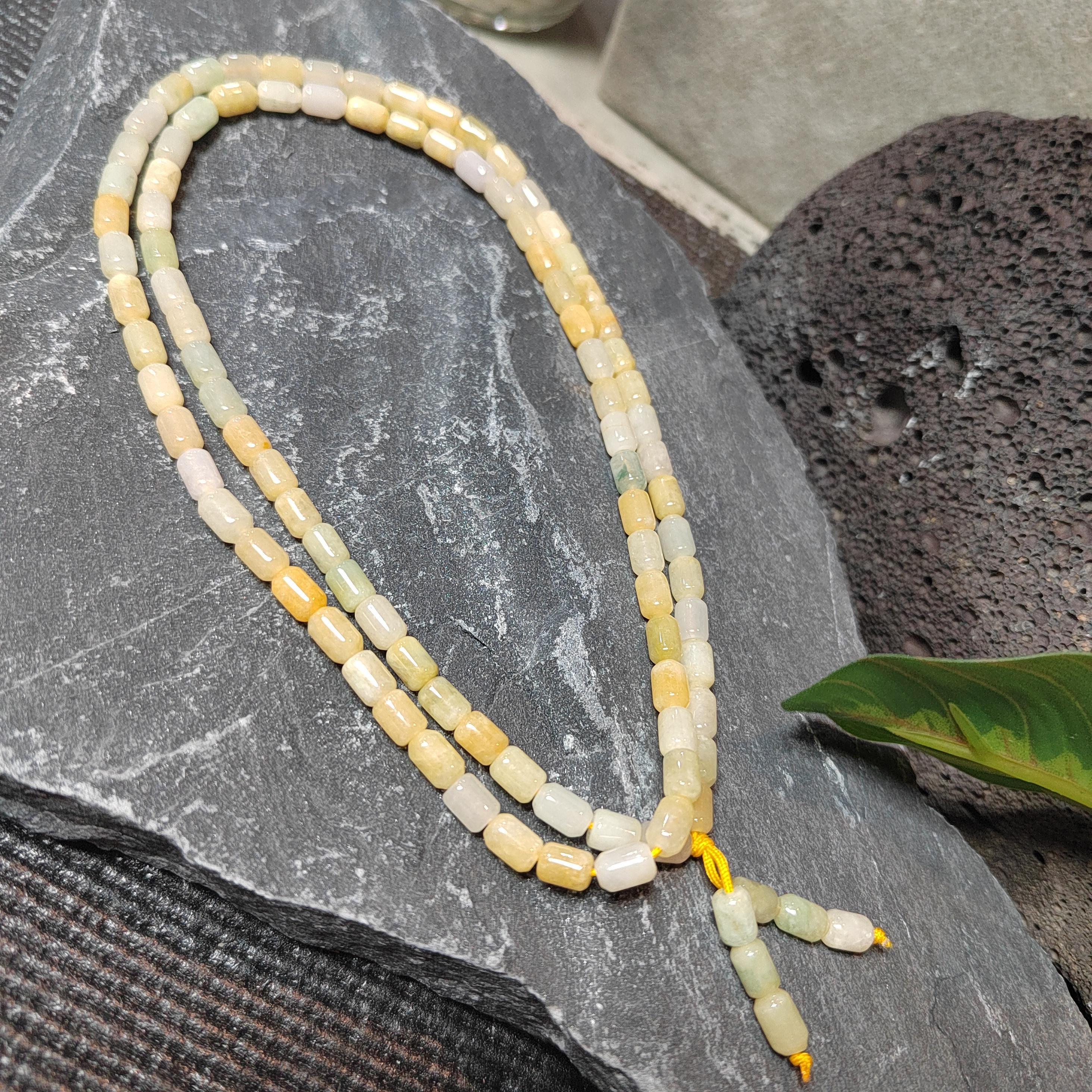 Certified Rare Burmese Icy Yellow-Green “Floating Flower” Jadeite Necklace | 60 cm | Barrel-Cut Beads | Natural Untreated Jadeite SL482