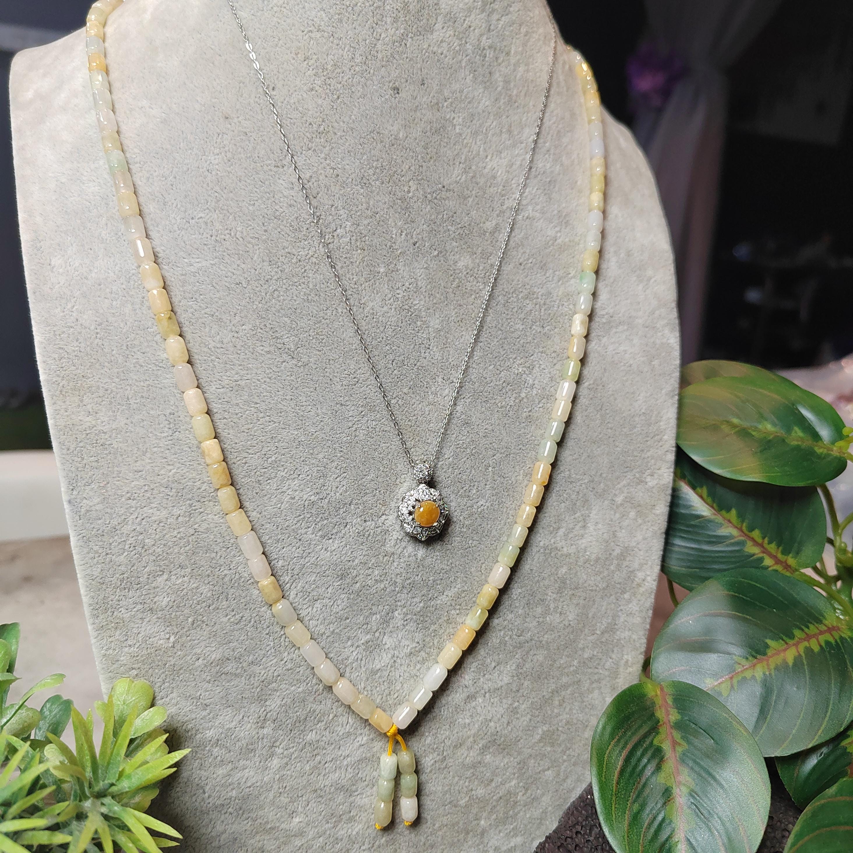 Certified Rare Burmese Icy Yellow-Green “Floating Flower” Jadeite Necklace | 60 cm | Barrel-Cut Beads | Natural Untreated Jadeite SL482