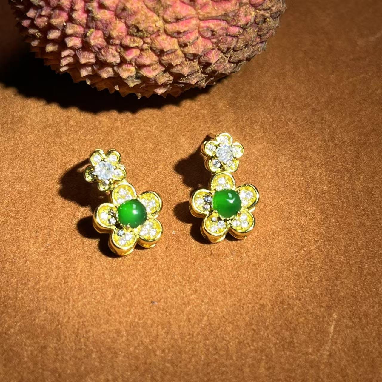 Certified Type A Jadeite Stud Earrings Imperial Green Halo Design Guatemalan Jade Flower Shape Luxury Gift Jewelry SL428/100