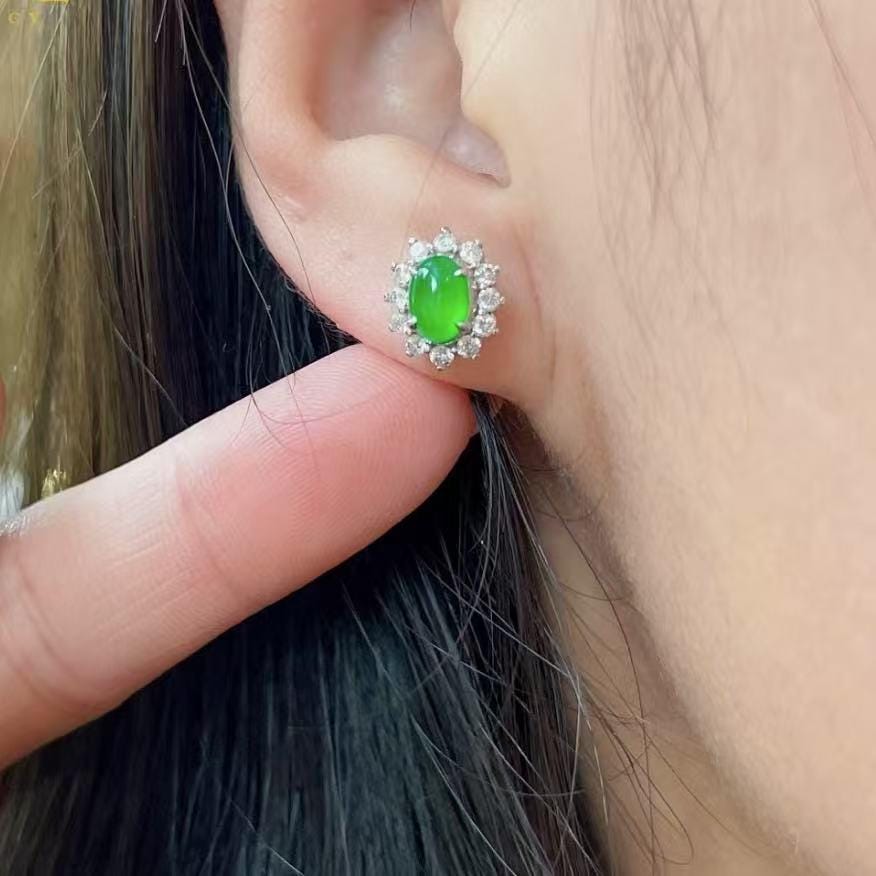 Oval Jadeite Stud Earrings – Certified Type A – Imperial Green Halo – Silver Tone Finish – Floral Gift Jewelry for Her SL429/100