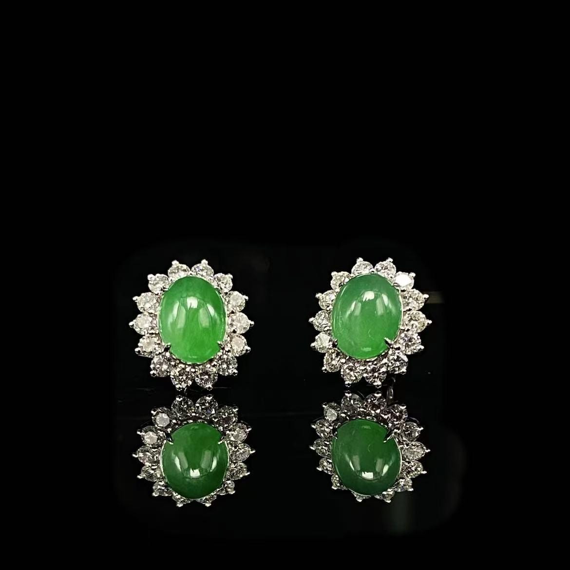 Oval Jadeite Stud Earrings – Certified Type A – Imperial Green Halo – Silver Tone Finish – Floral Gift Jewelry for Her SL429/100
