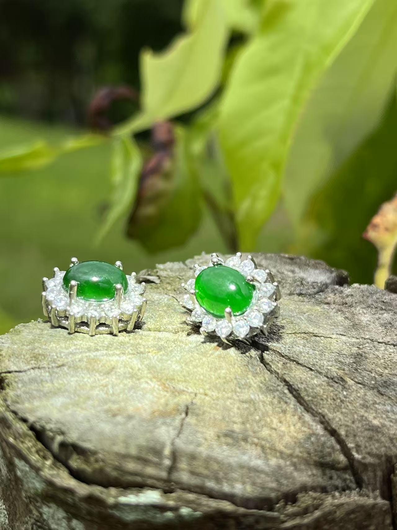 Oval Jadeite Stud Earrings – Certified Type A – Imperial Green Halo – Silver Tone Finish – Floral Gift Jewelry for Her SL429/100 SL Precious
