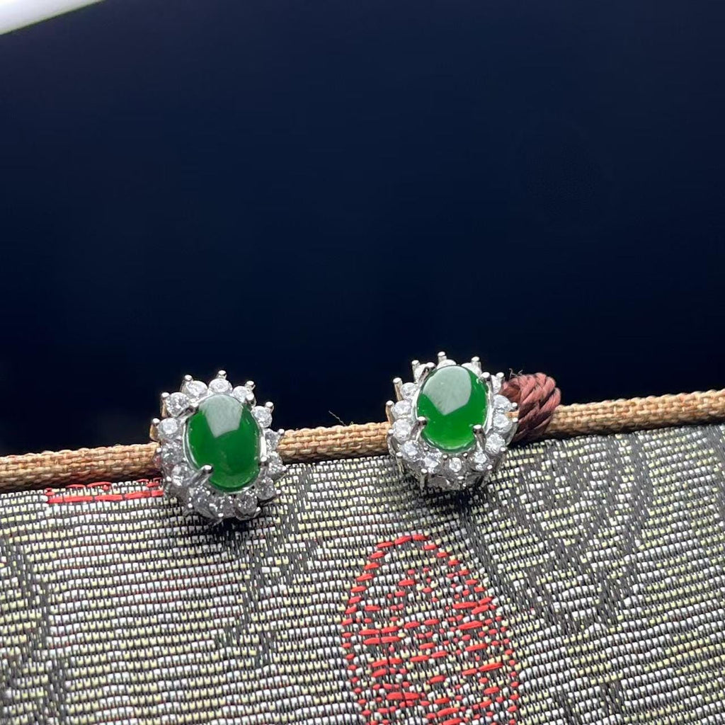 Oval Jadeite Stud Earrings – Certified Type A – Imperial Green Halo – Silver Tone Finish – Floral Gift Jewelry for Her SL429/100 SL Precious