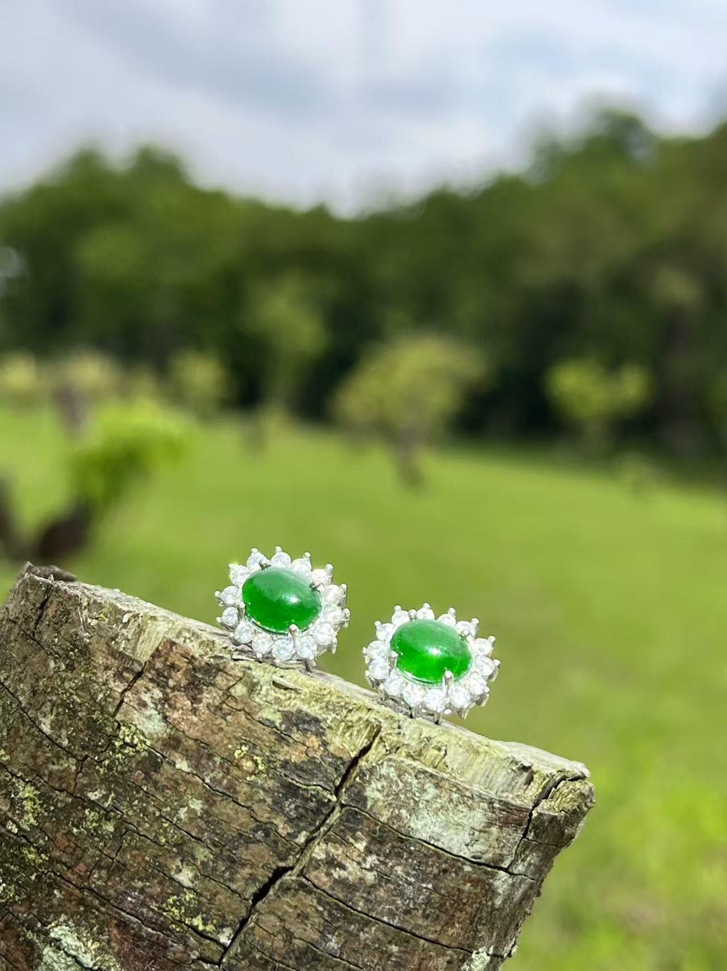 Oval Jadeite Stud Earrings – Certified Type A – Imperial Green Halo – Silver Tone Finish – Floral Gift Jewelry for Her SL429/100 SL Precious