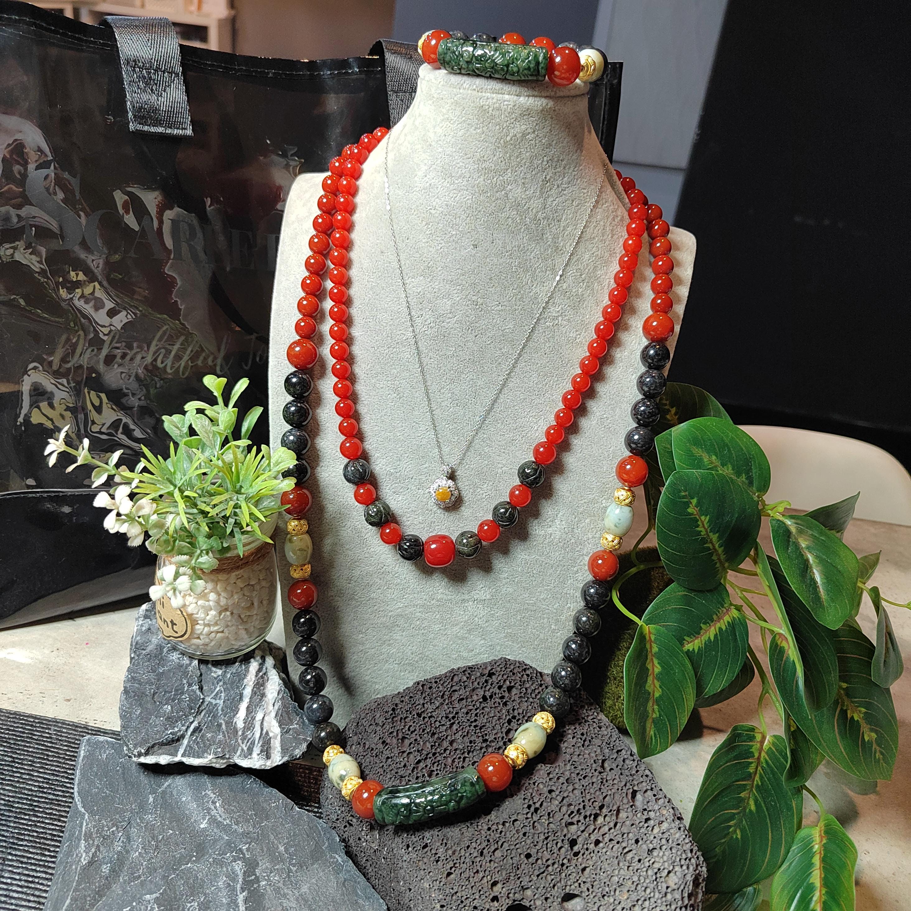 1-of-1 Designer Collector’s Set – Dual-Origin Baoshan “龙鳞纹” Waxi “锦红” Nanhong Necklace & Bracelet | Burmese Jadeite 18K Gold Filigree SL1
