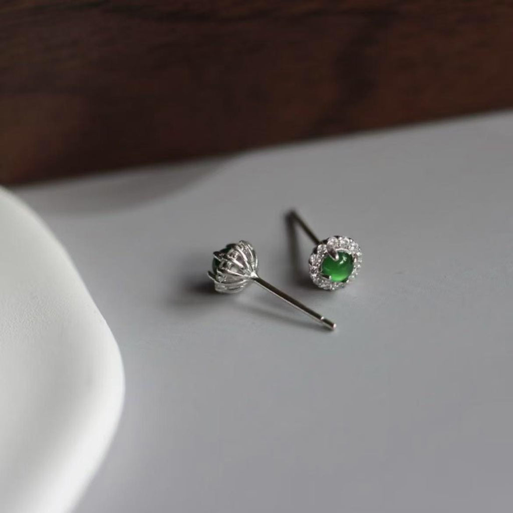 Round Jadeite Halo Studs – Certified Type A Green Gem – Silver Tone Earrings – Elegant Gift Jewelry for Her SL430/100