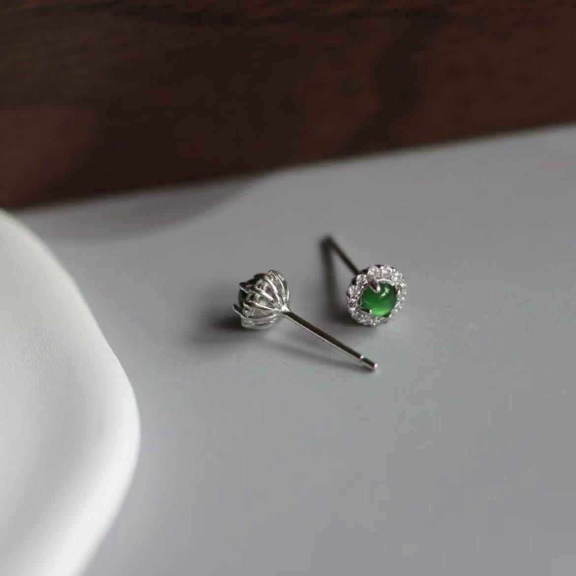 Round Jadeite Halo Studs – Certified Type A Green Gem – Silver Tone Earrings – Elegant Gift Jewelry for Her SL430/100