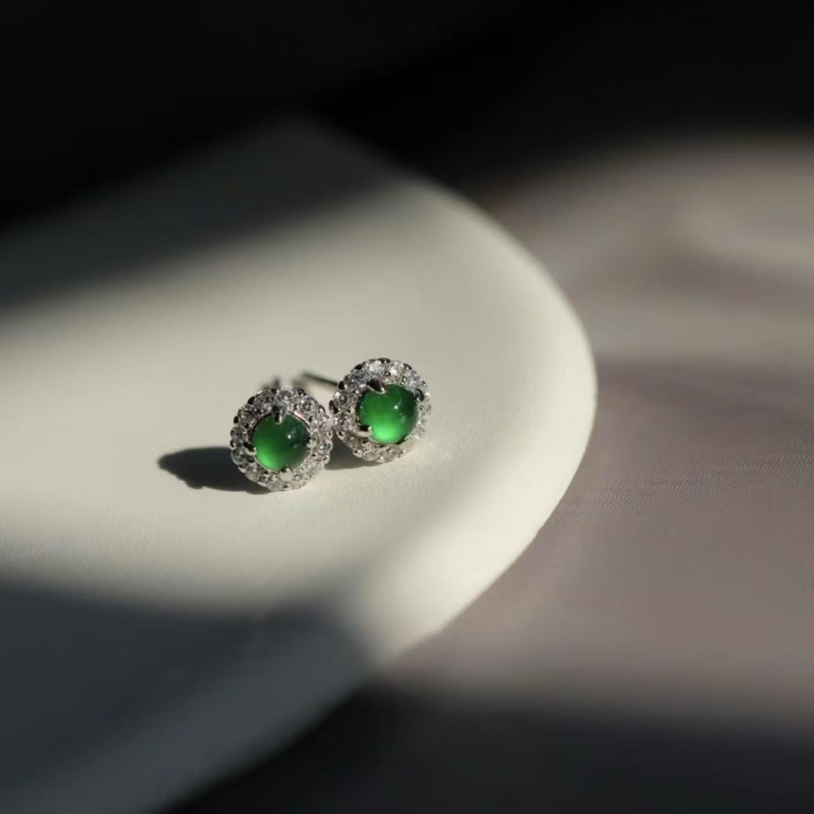 Round Jadeite Halo Studs – Certified Type A Green Gem – Silver Tone Earrings – Elegant Gift Jewelry for Her SL430/100