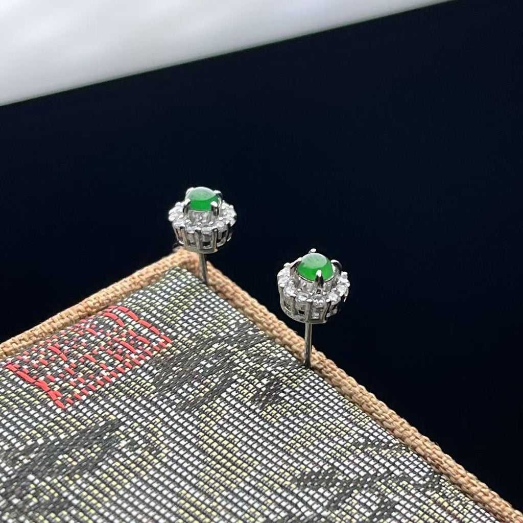 Round Jadeite Halo Studs – Certified Type A Green Gem – Silver Tone Earrings – Elegant Gift Jewelry for Her SL430/100