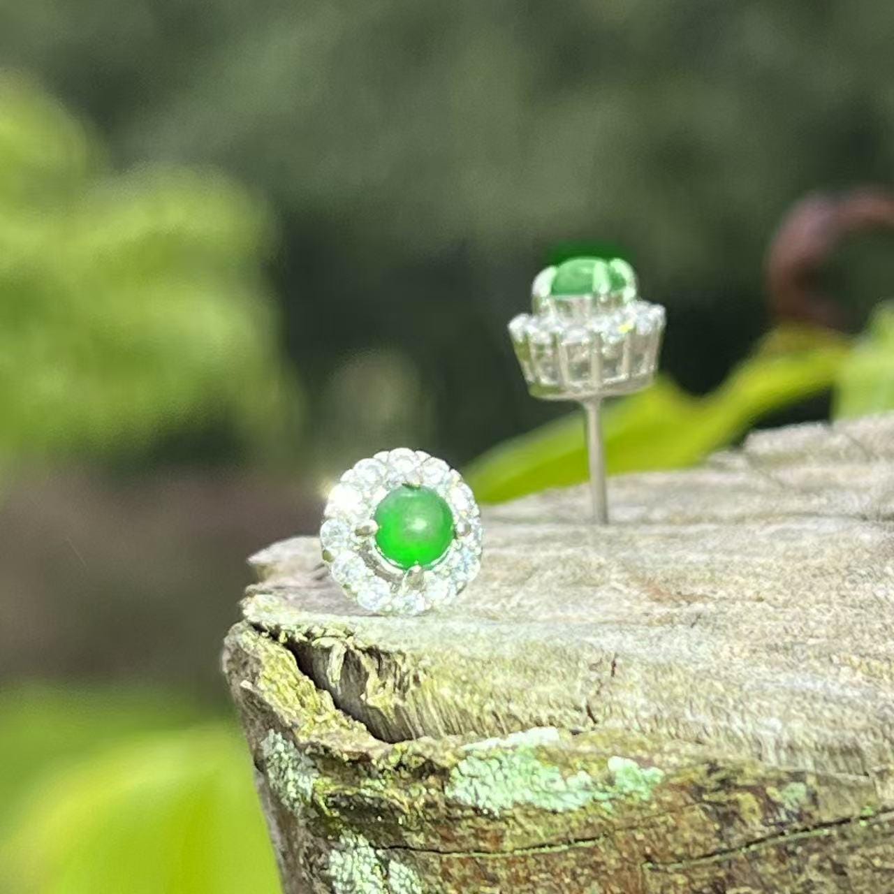 Round Jadeite Halo Studs – Certified Type A Green Gem – Silver Tone Earrings – Elegant Gift Jewelry for Her SL430/100