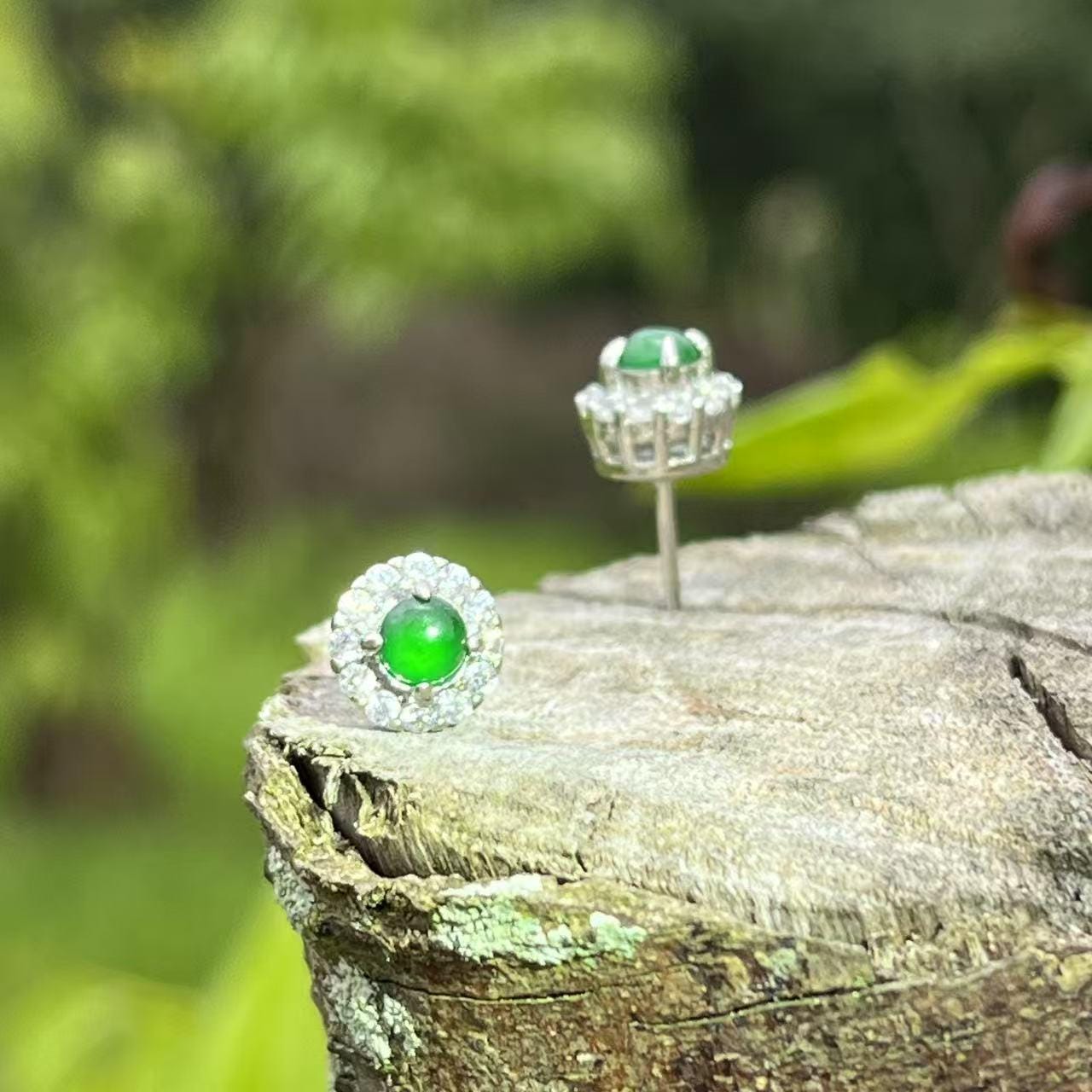 Round Jadeite Halo Studs – Certified Type A Green Gem – Silver Tone Earrings – Elegant Gift Jewelry for Her SL430/100