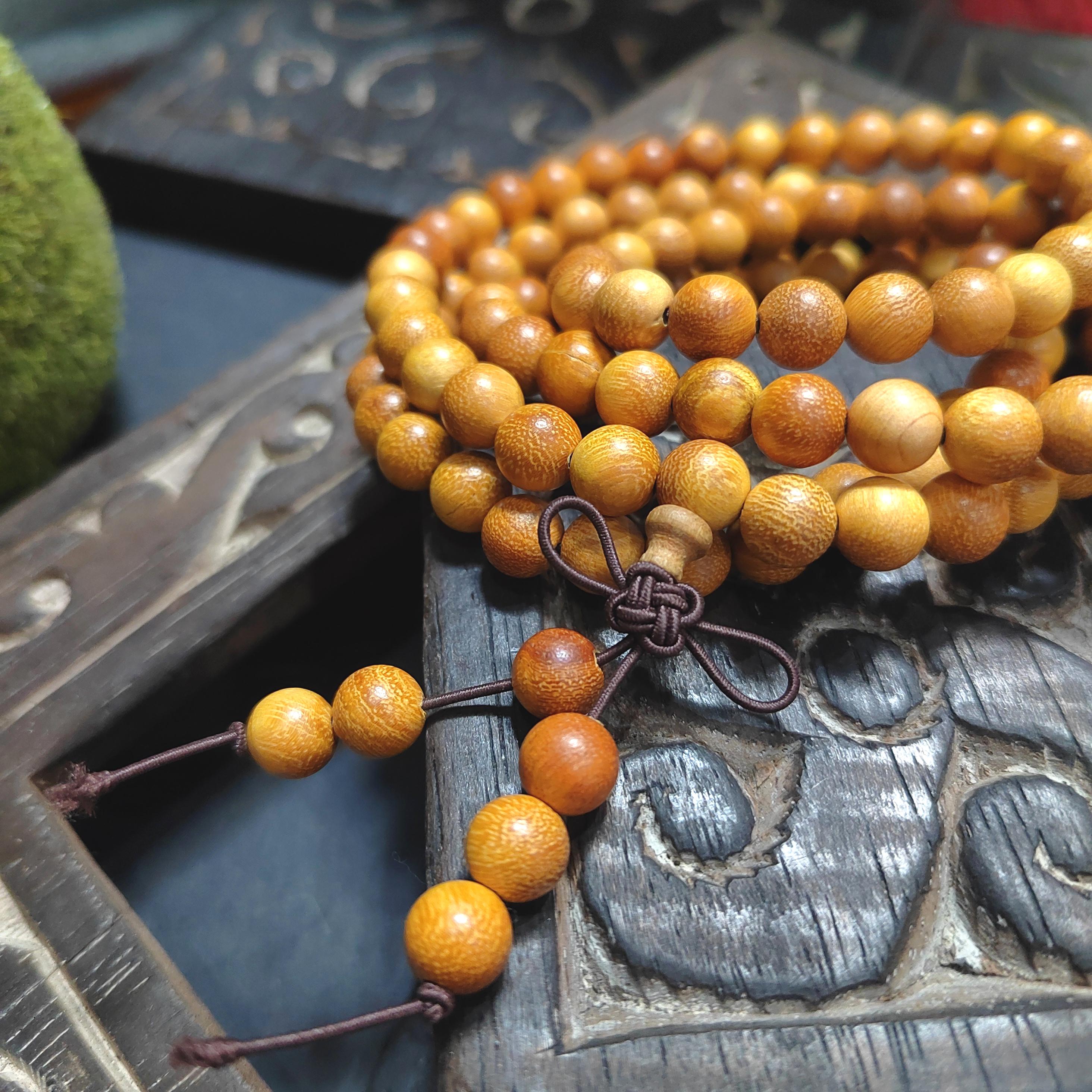 108 Beads Vietnamese Agarwood Mala – Golden Hue Cultivated Oud | Fruity Woody Aroma Meditation Necklace SL435A
