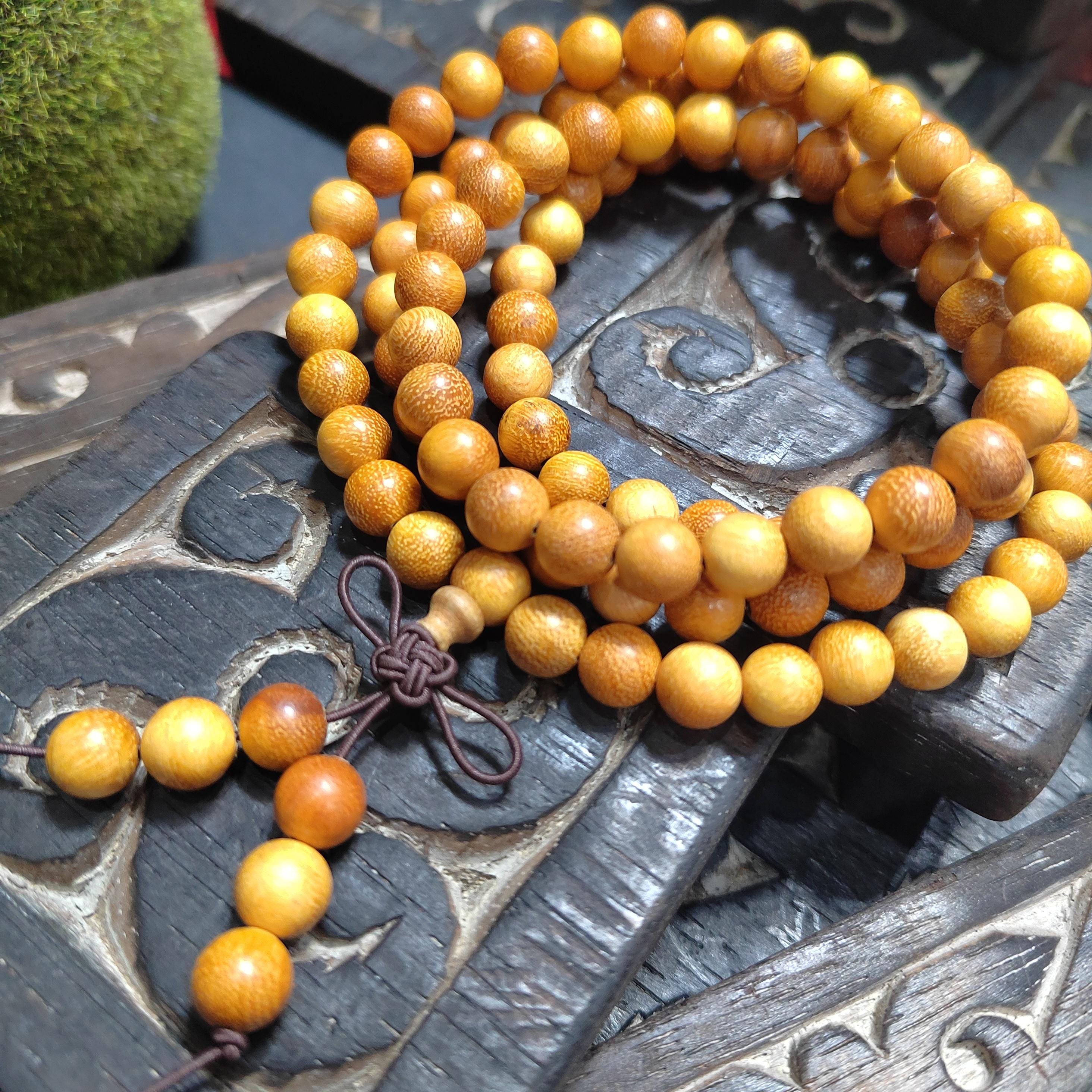 108 Beads Vietnamese Agarwood Mala – Golden Hue Cultivated Oud | Fruity Woody Aroma Meditation Necklace SL435A