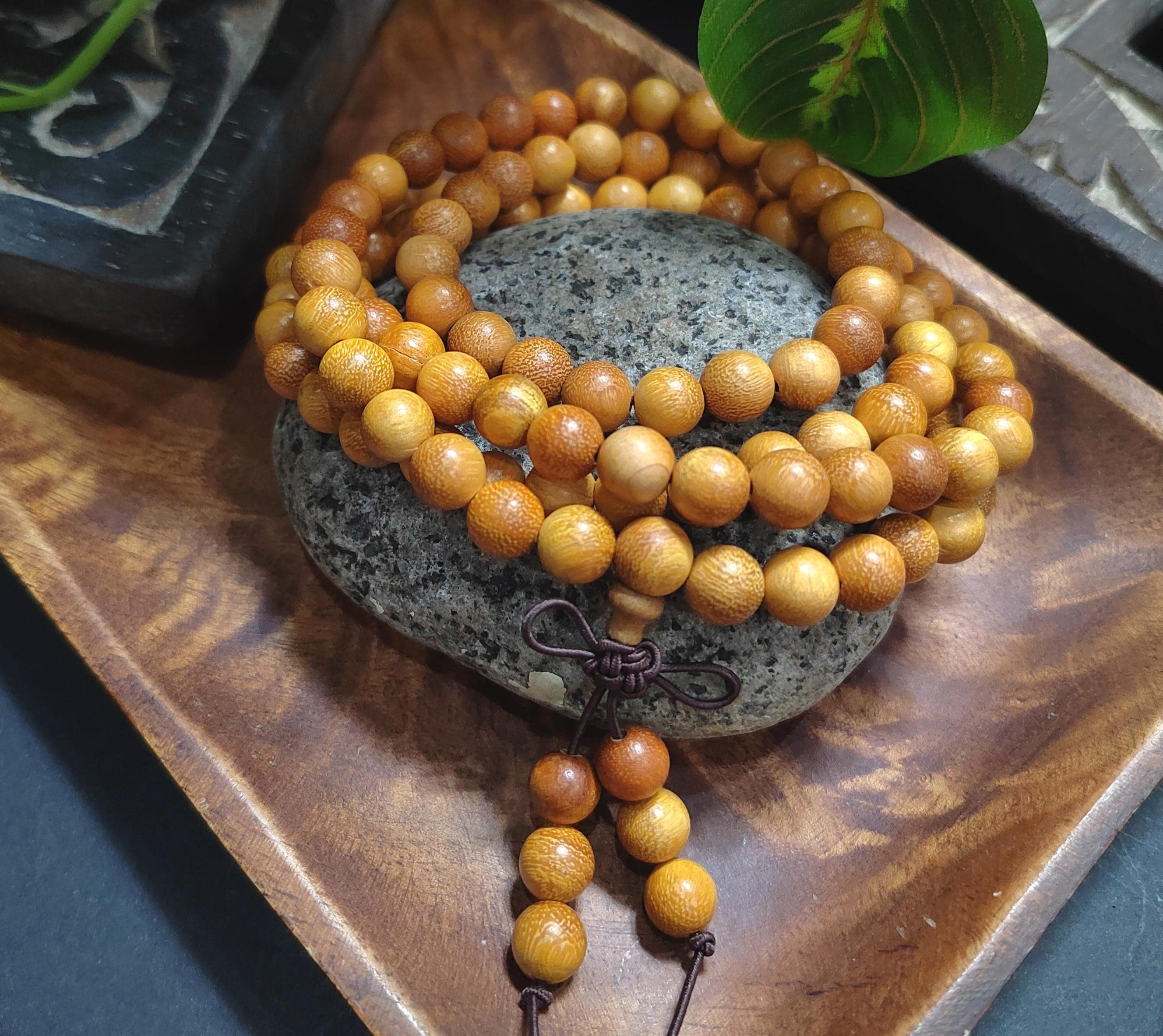108 Beads Vietnamese Agarwood Mala – Golden Hue Cultivated Oud | Fruity Woody Aroma Meditation Necklace SL435A