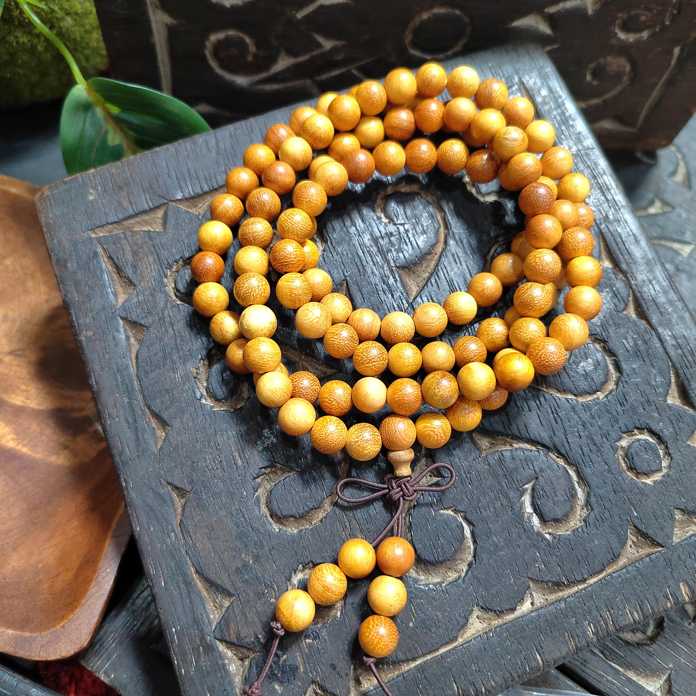 108 Beads Vietnamese Agarwood Mala – Golden Hue Cultivated Oud | Fruity Woody Aroma Meditation Necklace SL435A