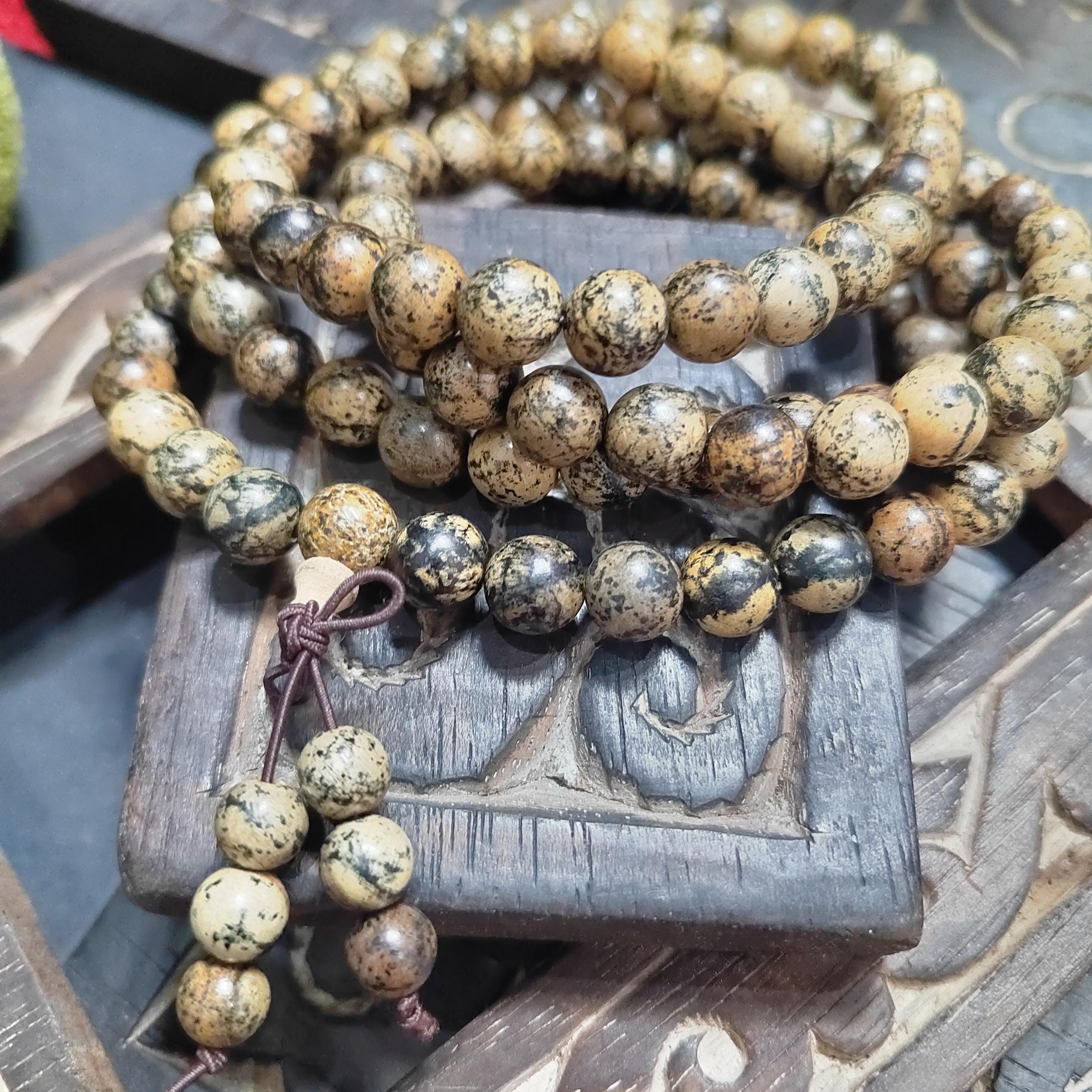 108 Beads Cultivated Agarwood Mala – Natural Spotted Grain Prayer Necklace | Unique Meditation Yoga Beads SL433D