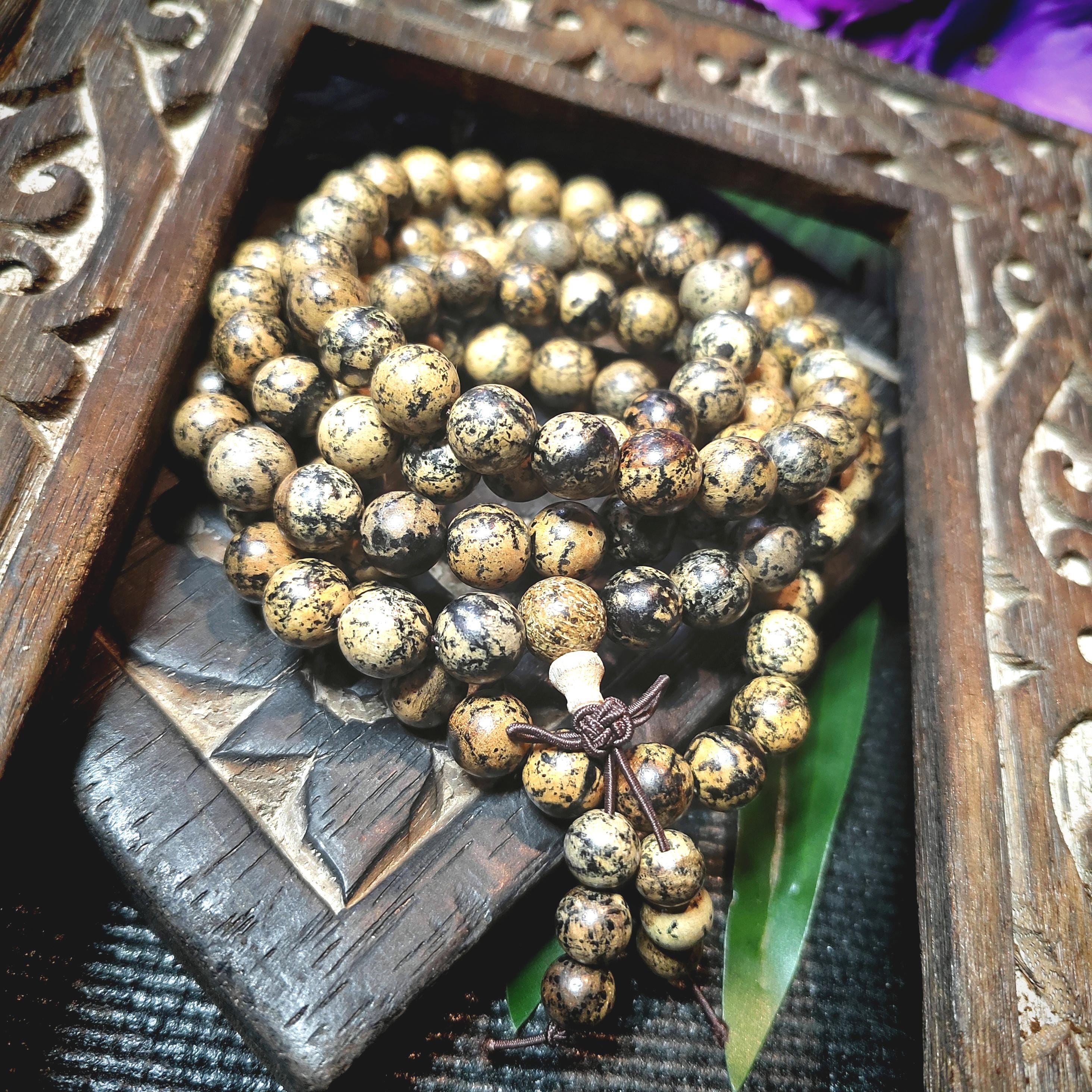 108 Beads Cultivated Agarwood Mala – Natural Spotted Grain Prayer Necklace | Unique Meditation Yoga Beads SL433D