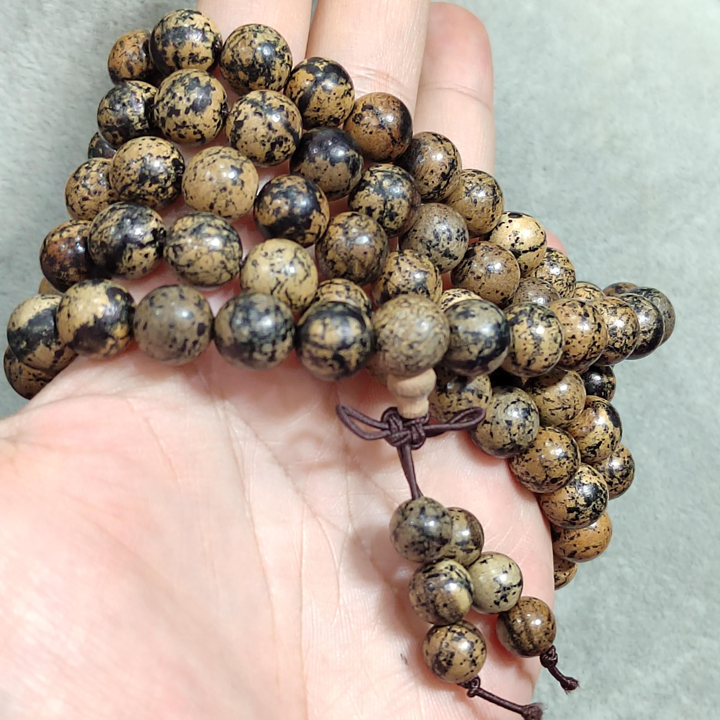 108 Beads Cultivated Agarwood Mala – Natural Spotted Grain Prayer Necklace | Unique Meditation Yoga Beads SL433D