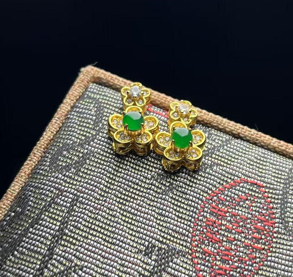 Certified Type A Jadeite Stud Earrings Imperial Green Halo Design Guatemalan Jade Flower Shape Luxury Gift Jewelry SL428/100