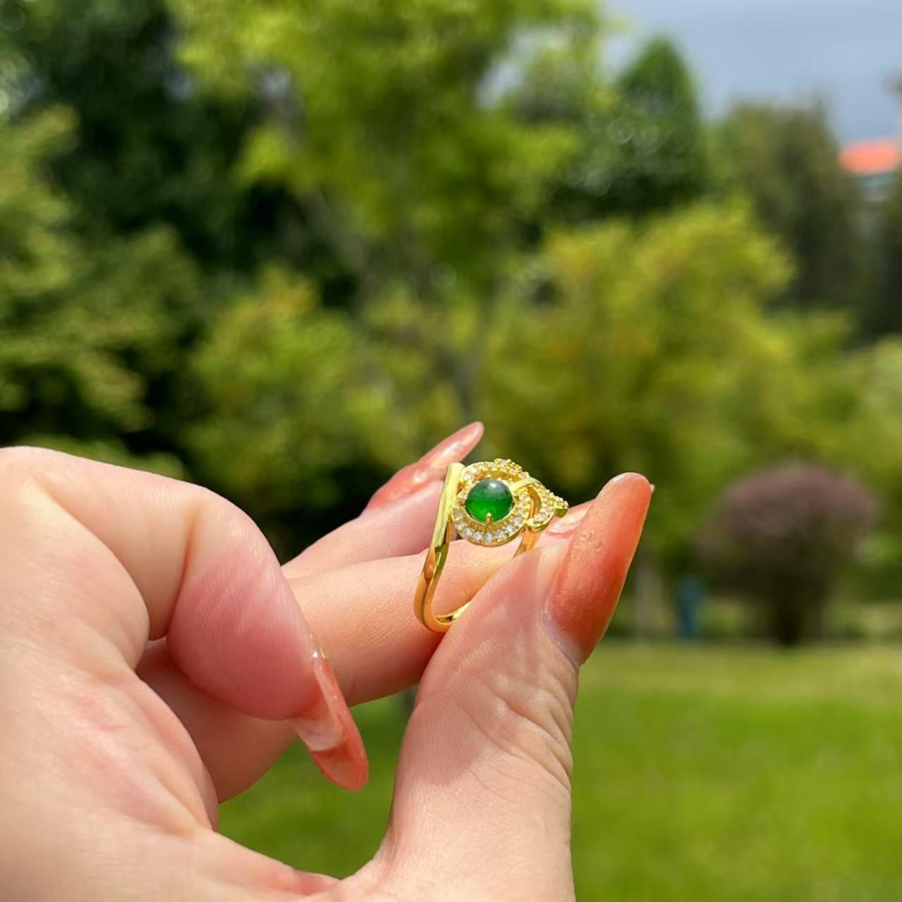 Type A Jadeite Gold Ring – Teardrop Green Gem – Certified 3.44g – Elegant Halo Design – Gift Jewelry for Her SL431/100 SL Precious