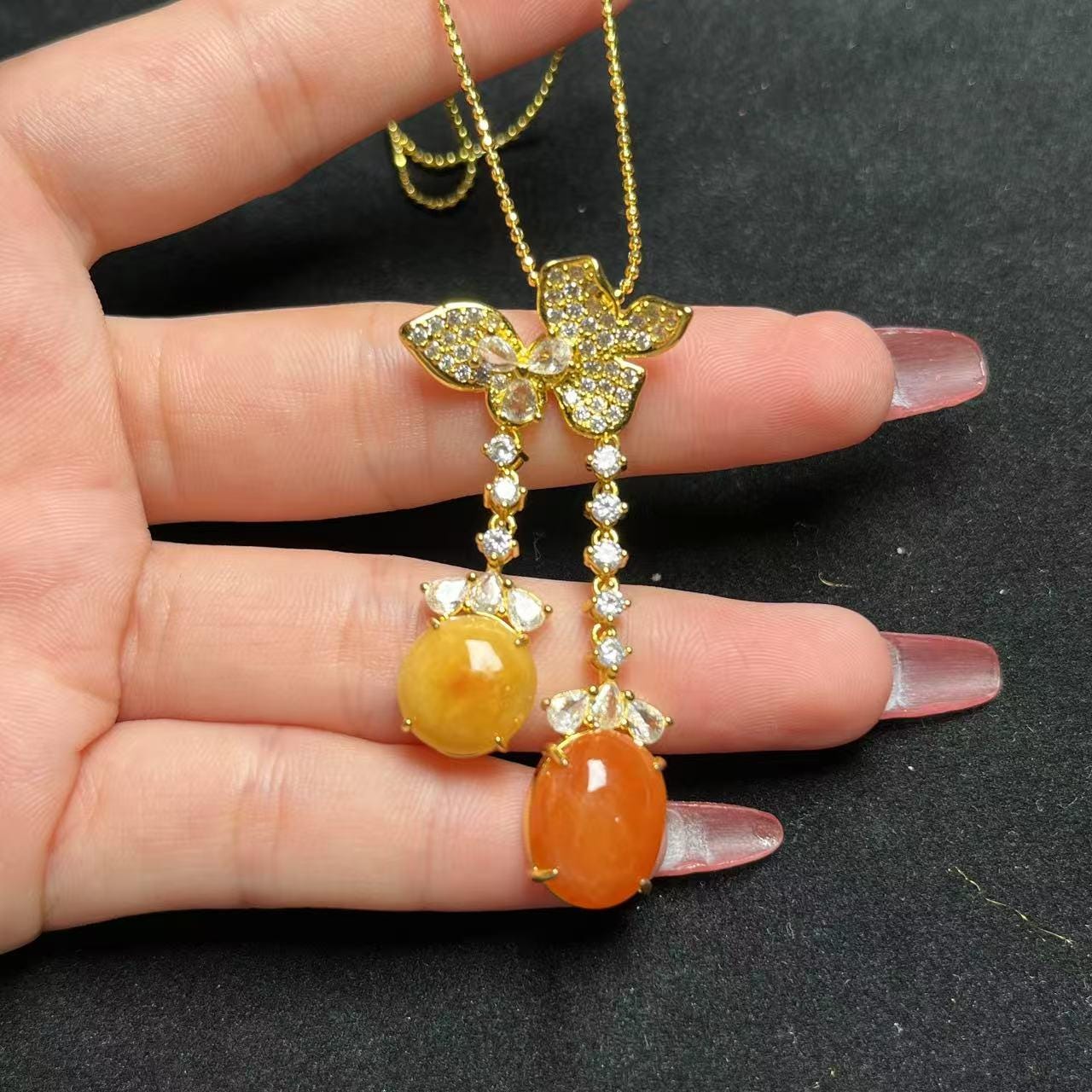 Certified Natural Jadeite Double Pendant Necklace | Red & Yellow Jade Butterfly Design | 18K Gold-Plated Elegant Jade Jewelry SL442/100