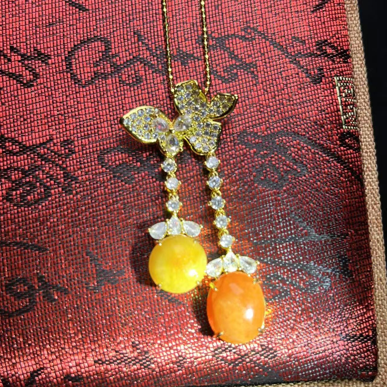 Certified Natural Jadeite Double Pendant Necklace | Red & Yellow Jade Butterfly Design | 18K Gold-Plated Elegant Jade Jewelry SL442/100