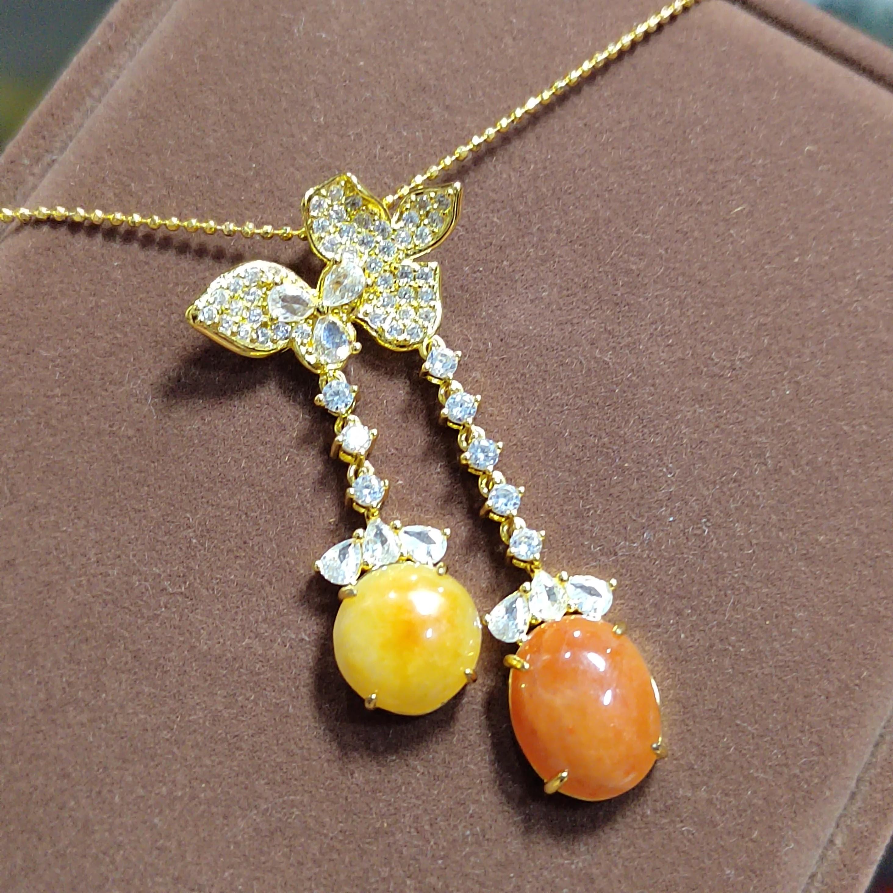 Certified Natural Jadeite Double Pendant Necklace | Red & Yellow Jade Butterfly Design | 18K Gold-Plated Elegant Jade Jewelry SL442/100