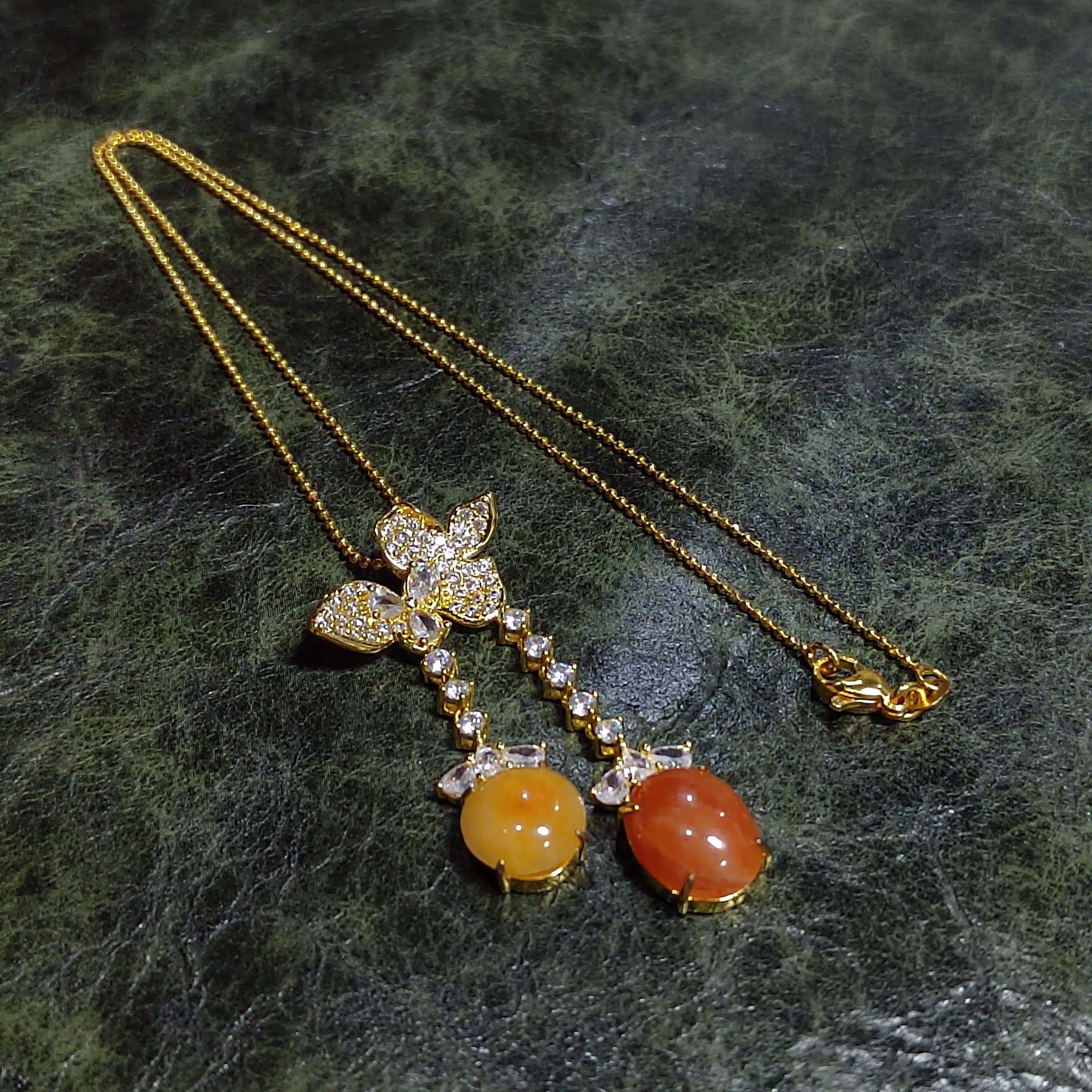 Certified Natural Jadeite Double Pendant Necklace | Red & Yellow Jade Butterfly Design | 18K Gold-Plated Elegant Jade Jewelry SL442/100