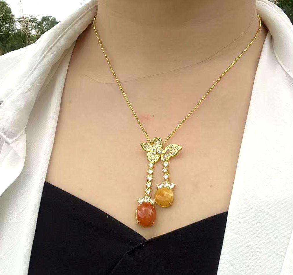 Certified Natural Jadeite Double Pendant Necklace | Red & Yellow Jade Butterfly Design | 18K Gold-Plated Elegant Jade Jewelry SL442/100