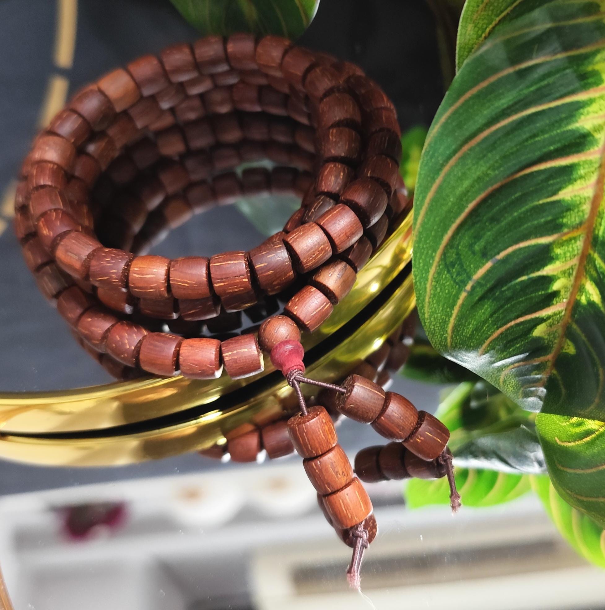 Wooden beaded bracelet with a gold clasp on a plant leaf