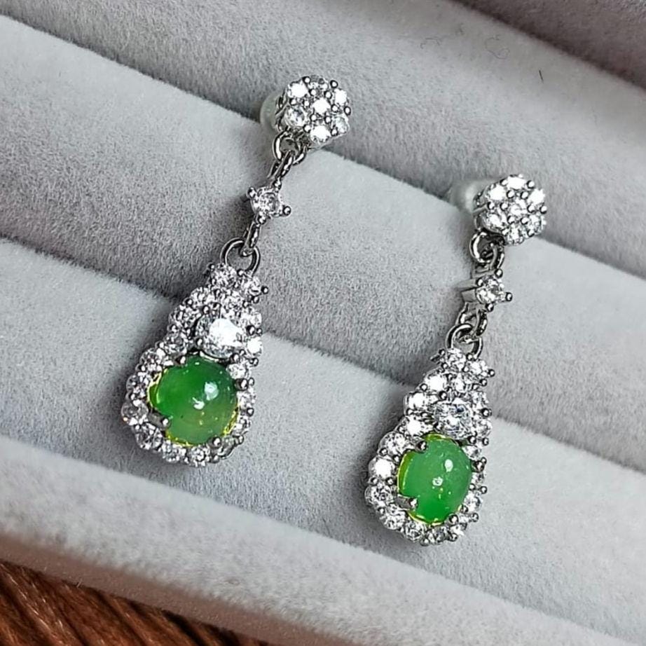Natural Icy Apple Green Jadeite Drop Earrings