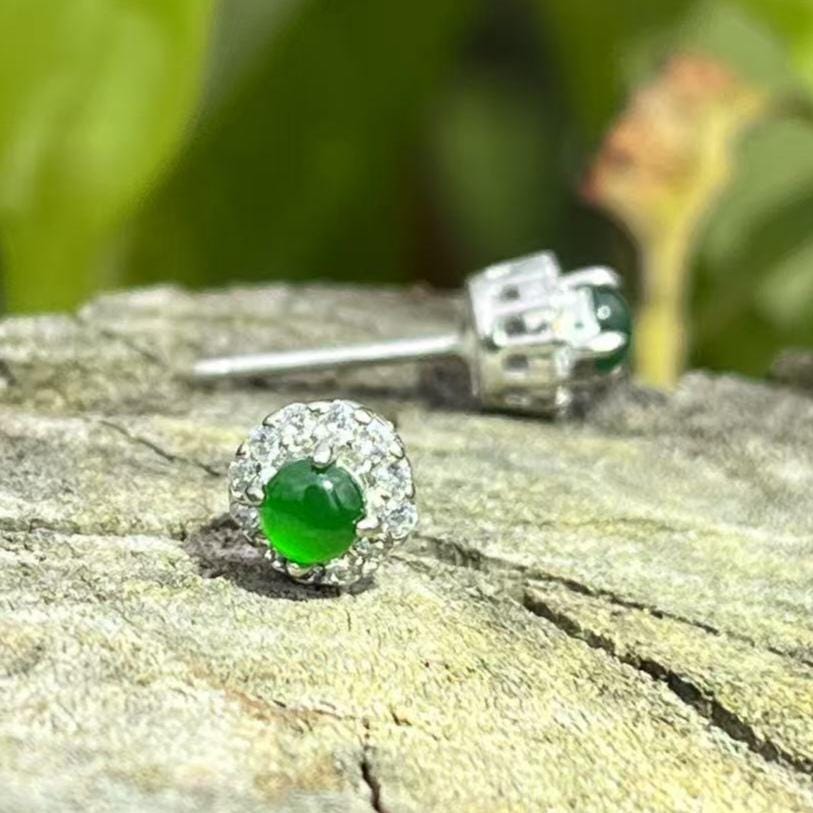 Certified Natural Guatemala Imperial Green Jadeite Earrings | 18K Gold Halo Studs with Zircon Accents SL450/100