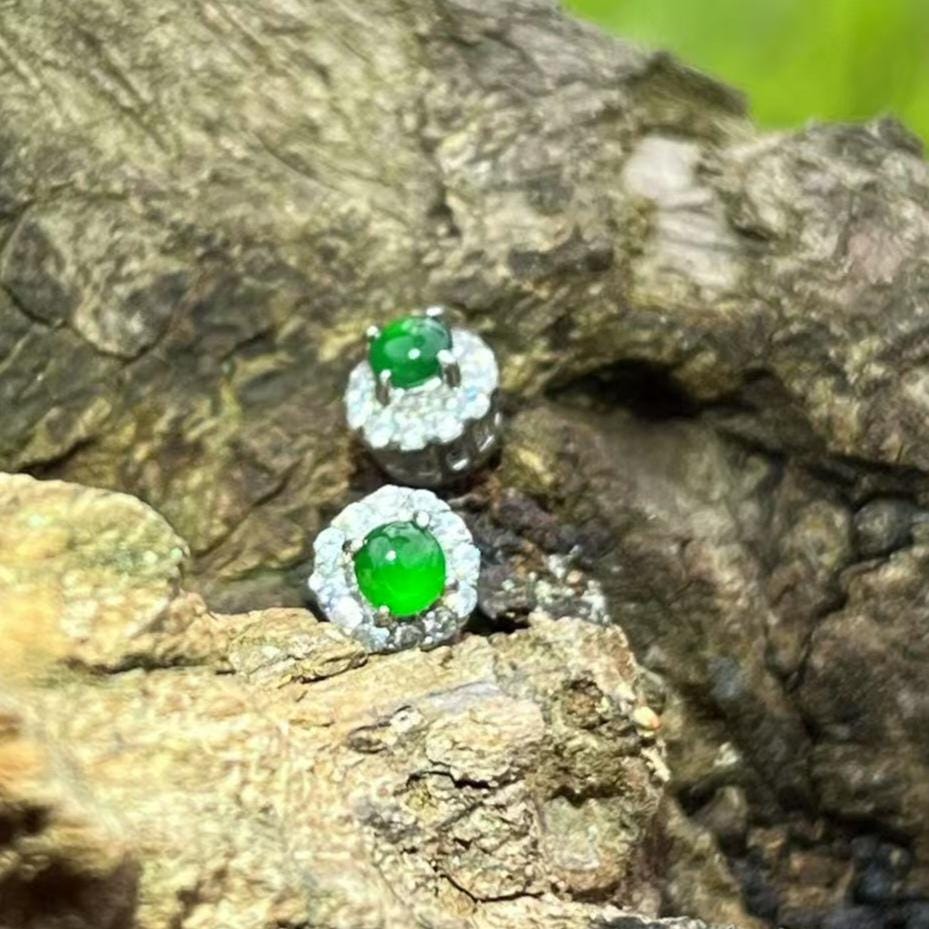 Certified Natural Guatemala Imperial Green Jadeite Earrings | 18K Gold Halo Studs with Zircon Accents SL450/100