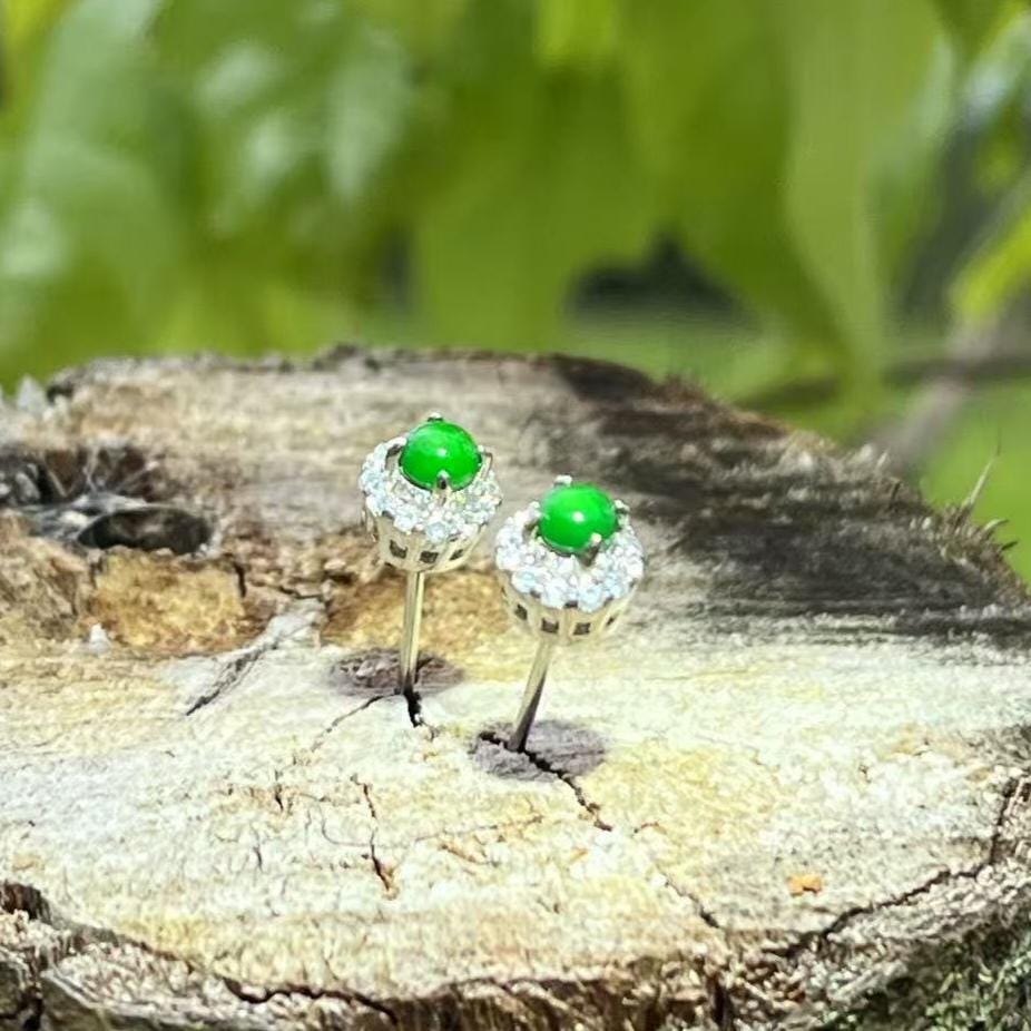 Certified Natural Guatemala Imperial Green Jadeite Earrings | 18K Gold Halo Studs with Zircon Accents SL450/100