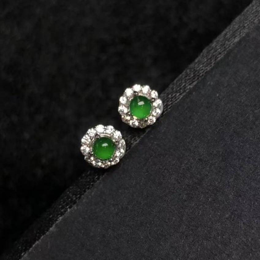Certified Natural Guatemala Imperial Green Jadeite Earrings | 18K Gold Halo Studs with Zircon Accents SL450/100