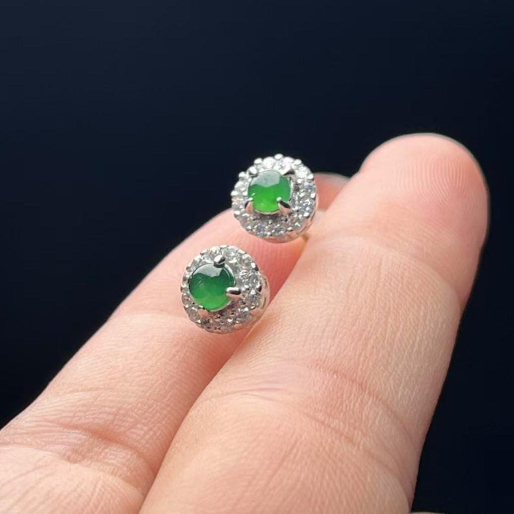 Certified Natural Guatemala Imperial Green Jadeite Earrings | 18K Gold Halo Studs with Zircon Accents SL450/100