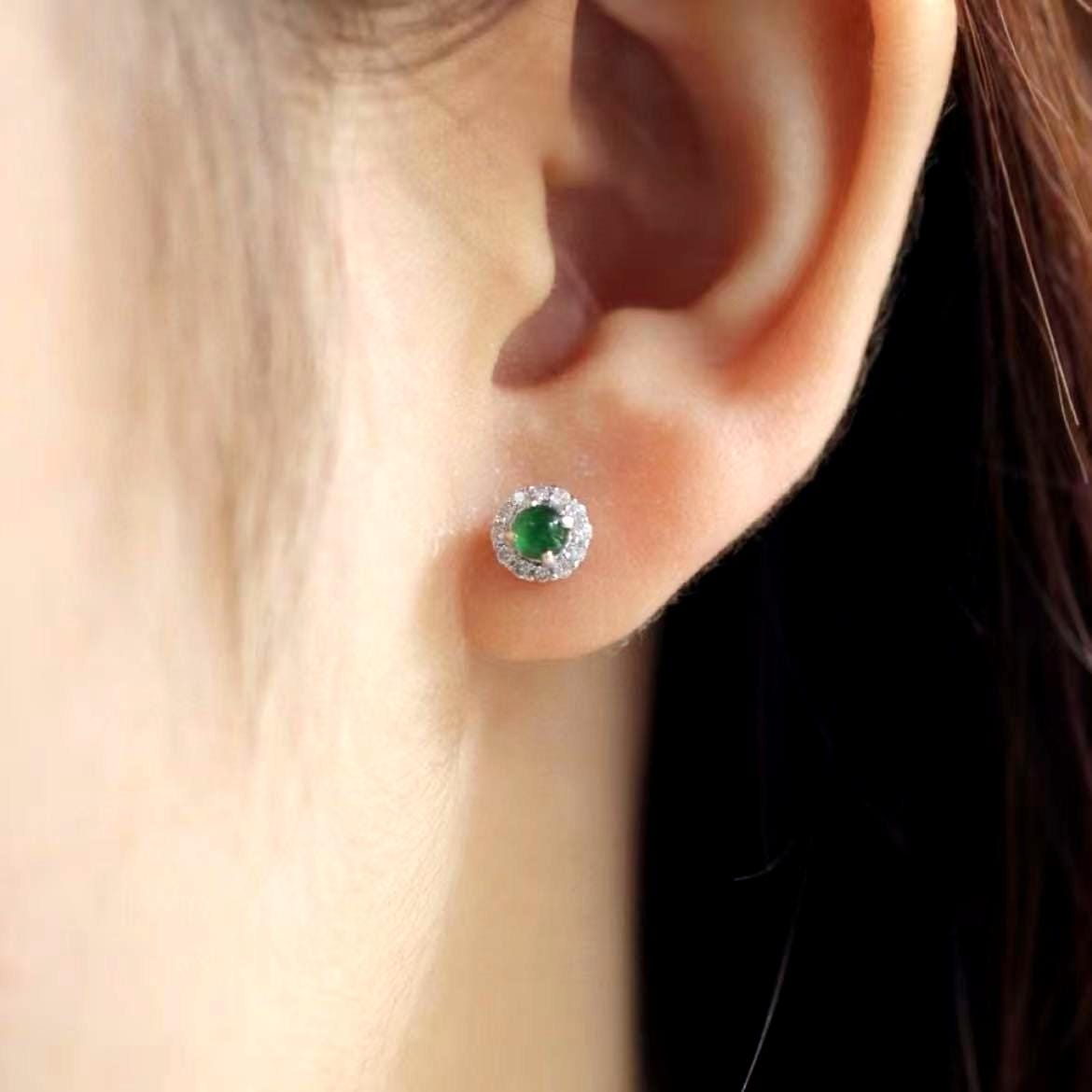 Certified Natural Guatemala Imperial Green Jadeite Earrings | 18K Gold Halo Studs with Zircon Accents SL450/100