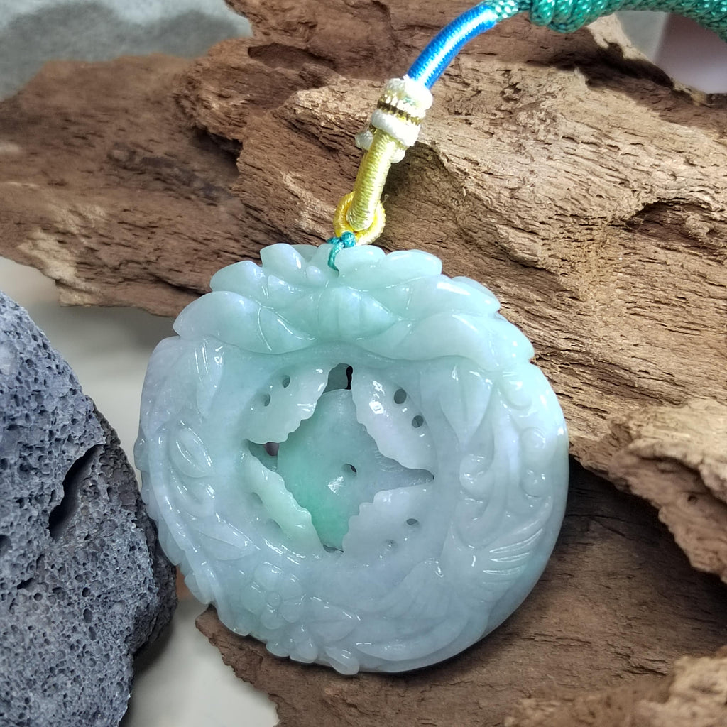 Certified Natural Burmese Jadeite Floral Bird Harmony Pendant Type A Untreated Movable 平方扣 Museum Grade Hand Carved SL458